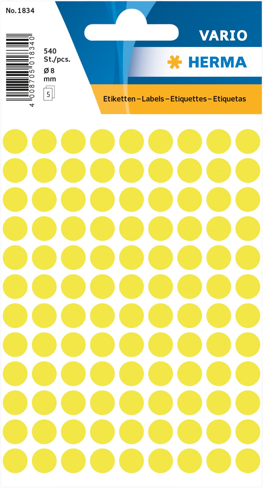 Etiket HERMA 1834 rond 8mm fluor geel 540 stuks