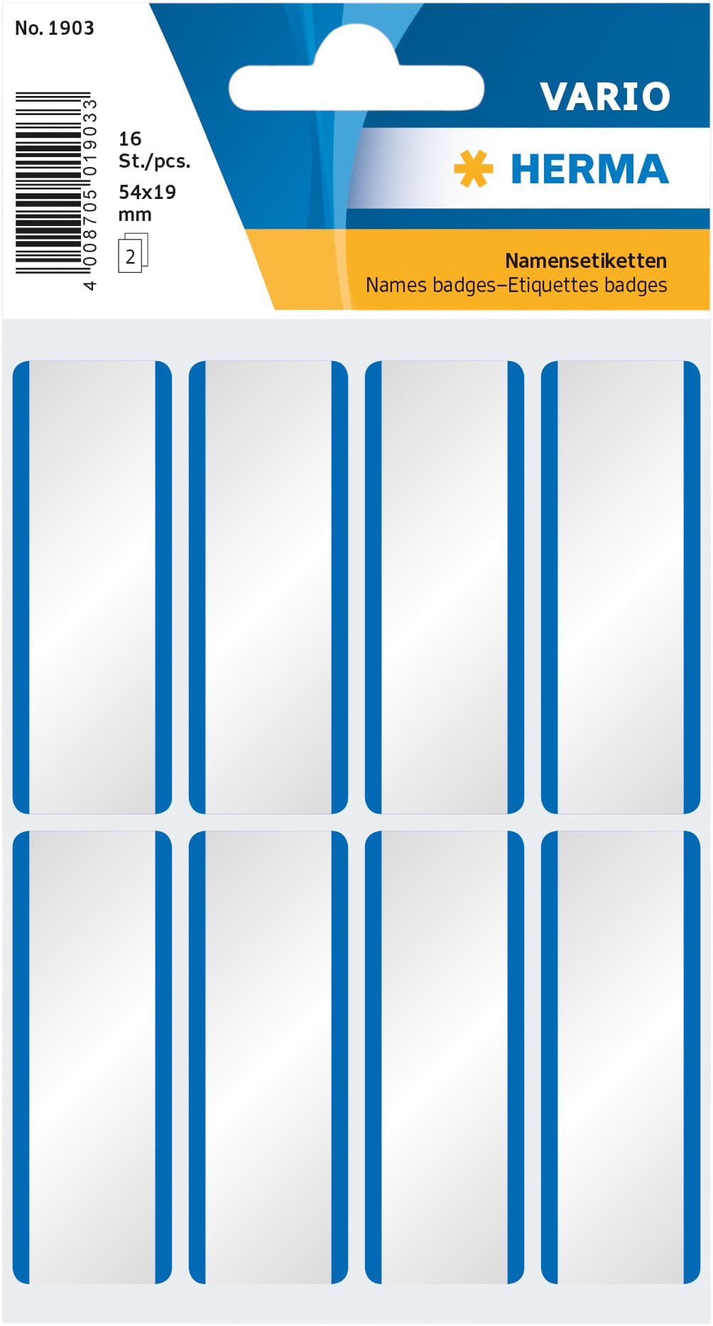 Naambadge etiket HERMA 1903 54x19mm wit/blauw 16 stuks