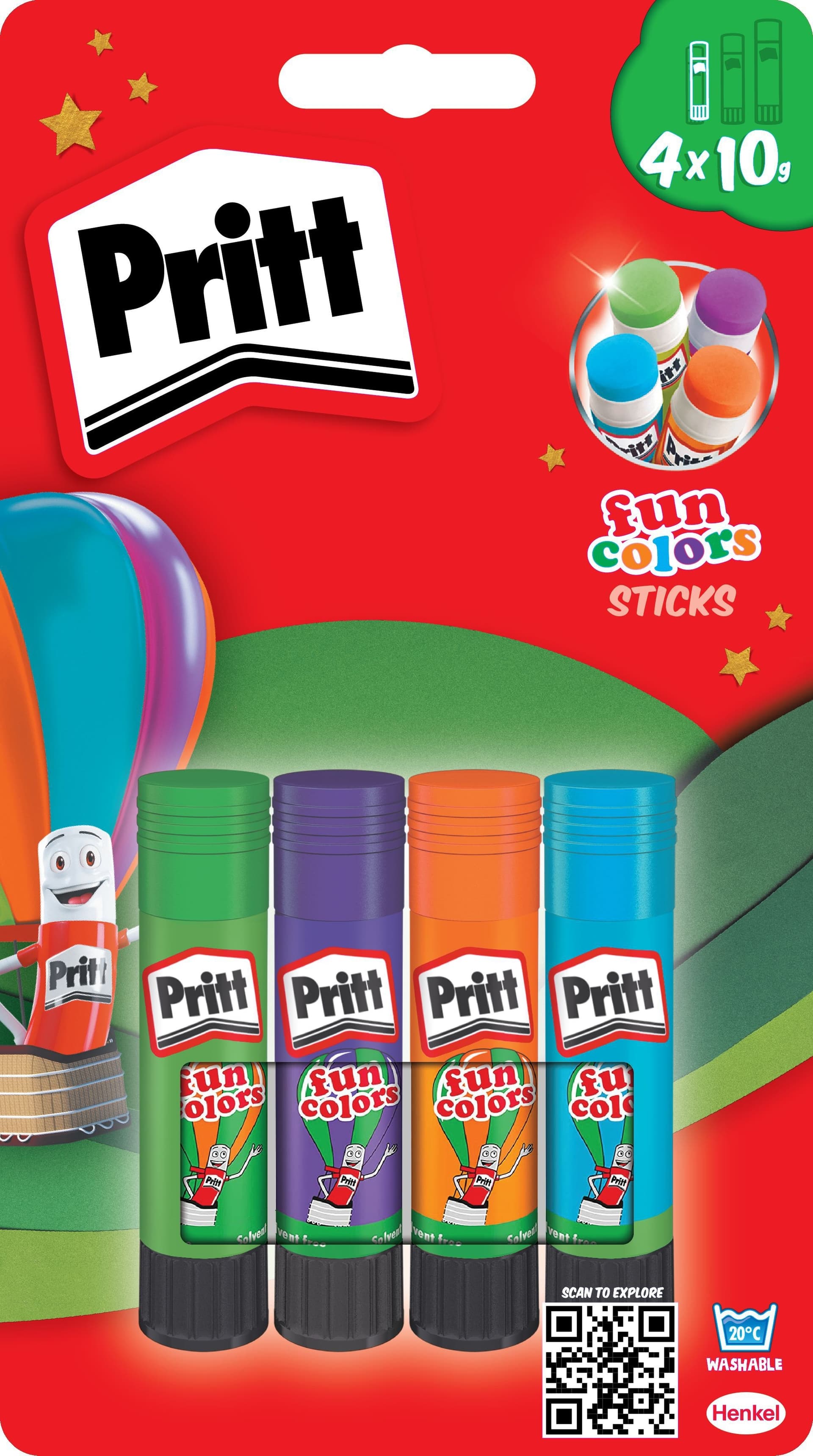 Lijmstift Pritt Stick 10gr FUN Colors 1 blister à 4 stuks