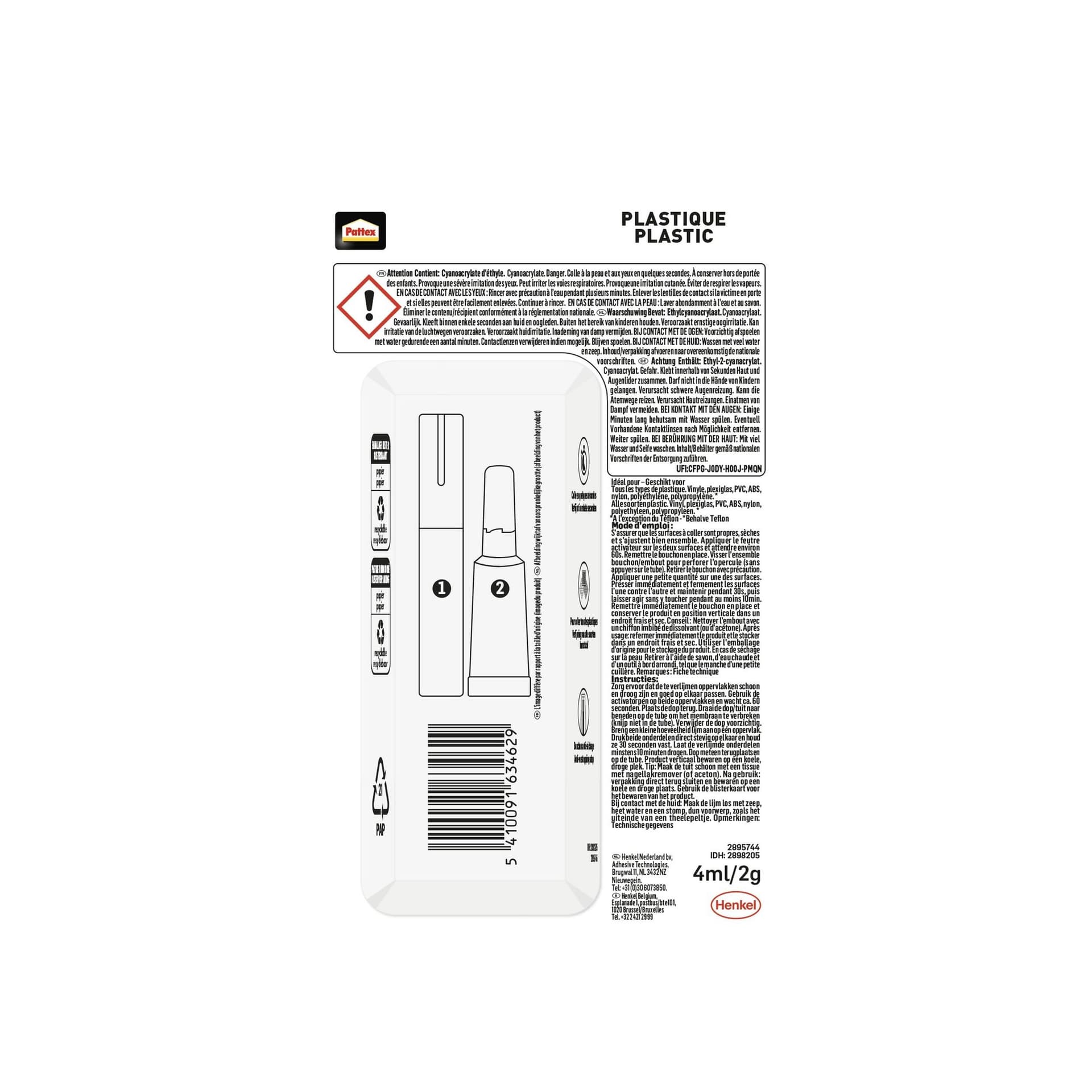 Secondenlijm Pattex all plastic tube 2 gram op blister 3
