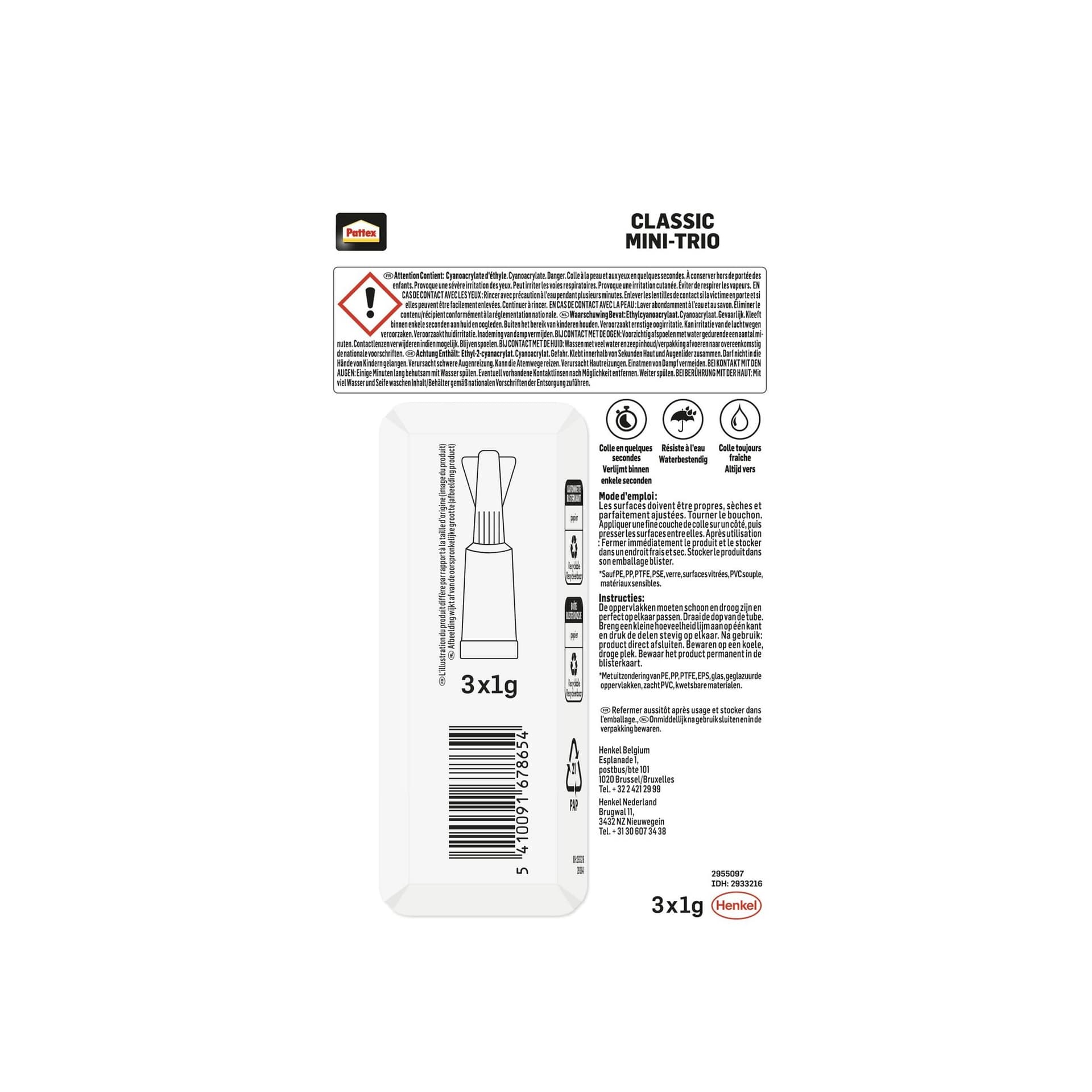 Secondelijm Pattex Classic mini trio tube 3x1gram op blister 3