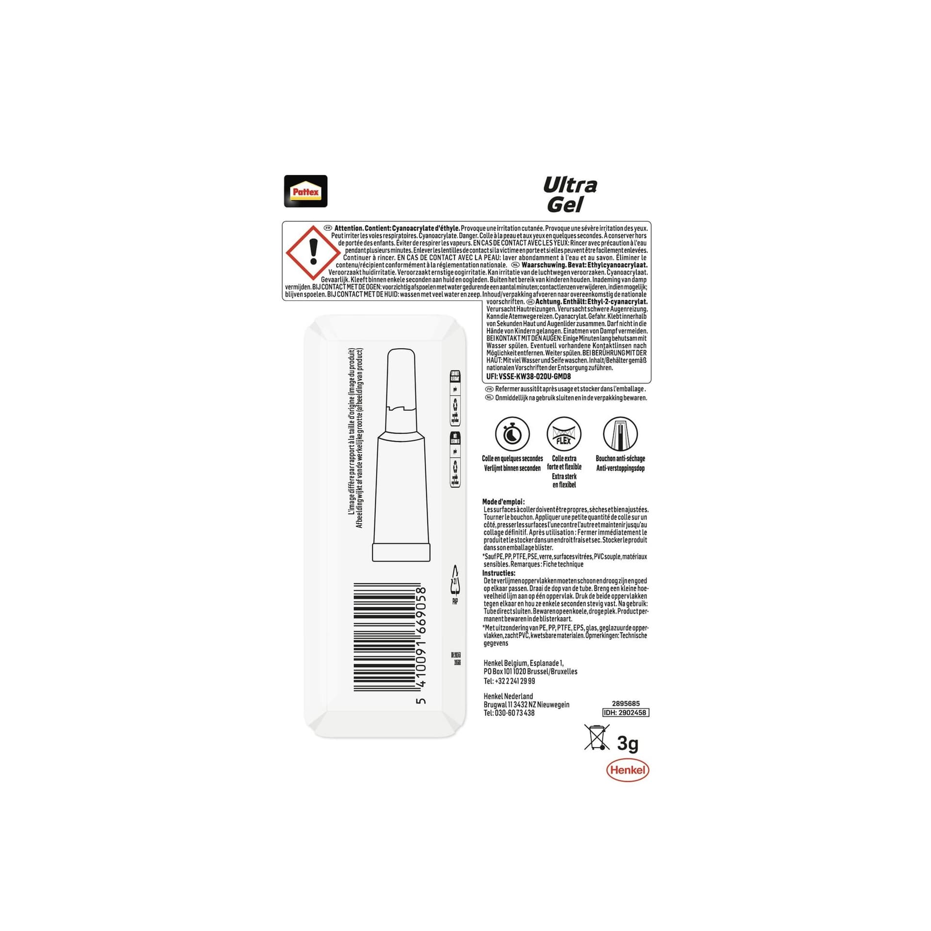 Secondelijm Pattex Ultra GEL tube 3 gram op blister 3