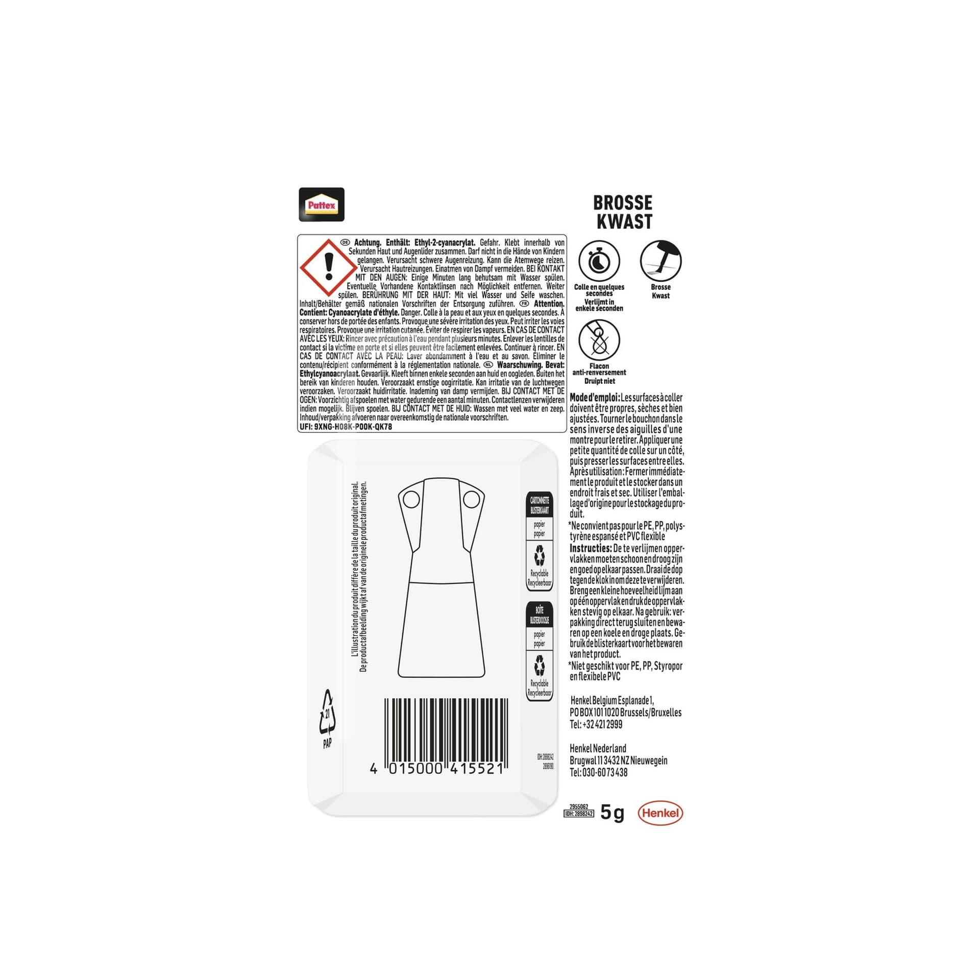 Secondenlijm Pattex met kwast flacon 5 gram op blister 3