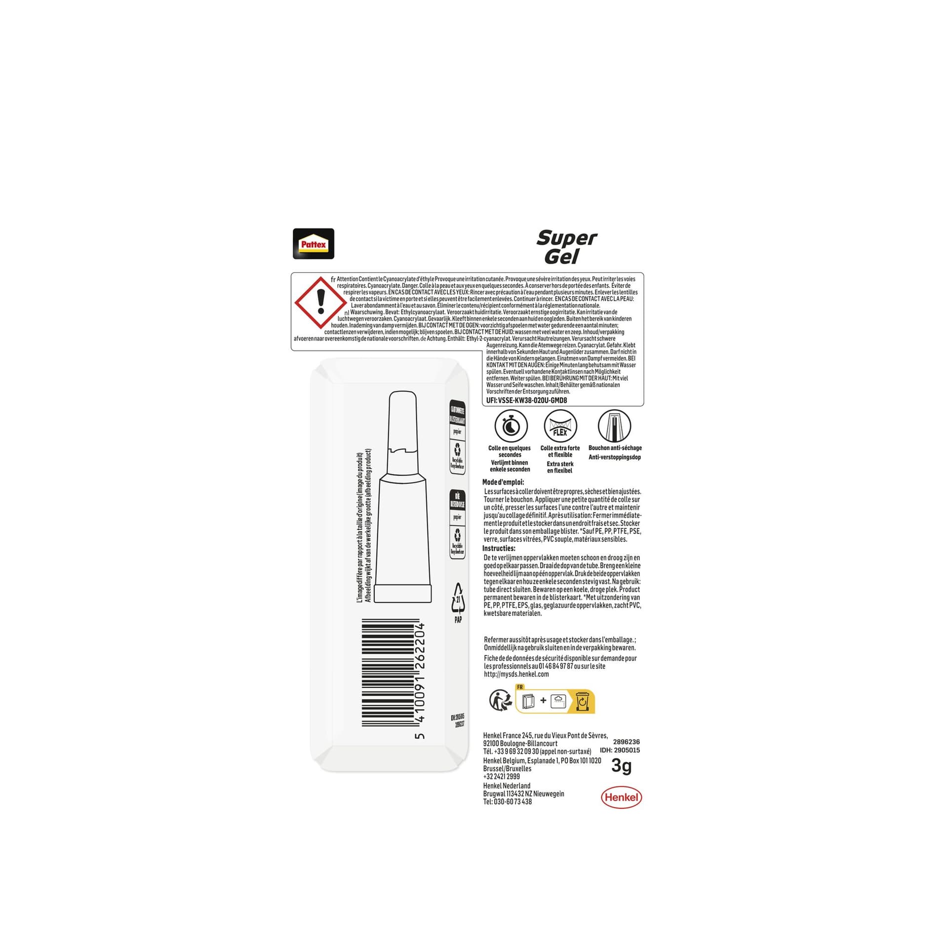 Secondelijm Pattex super gel tube 3gram op blister 3