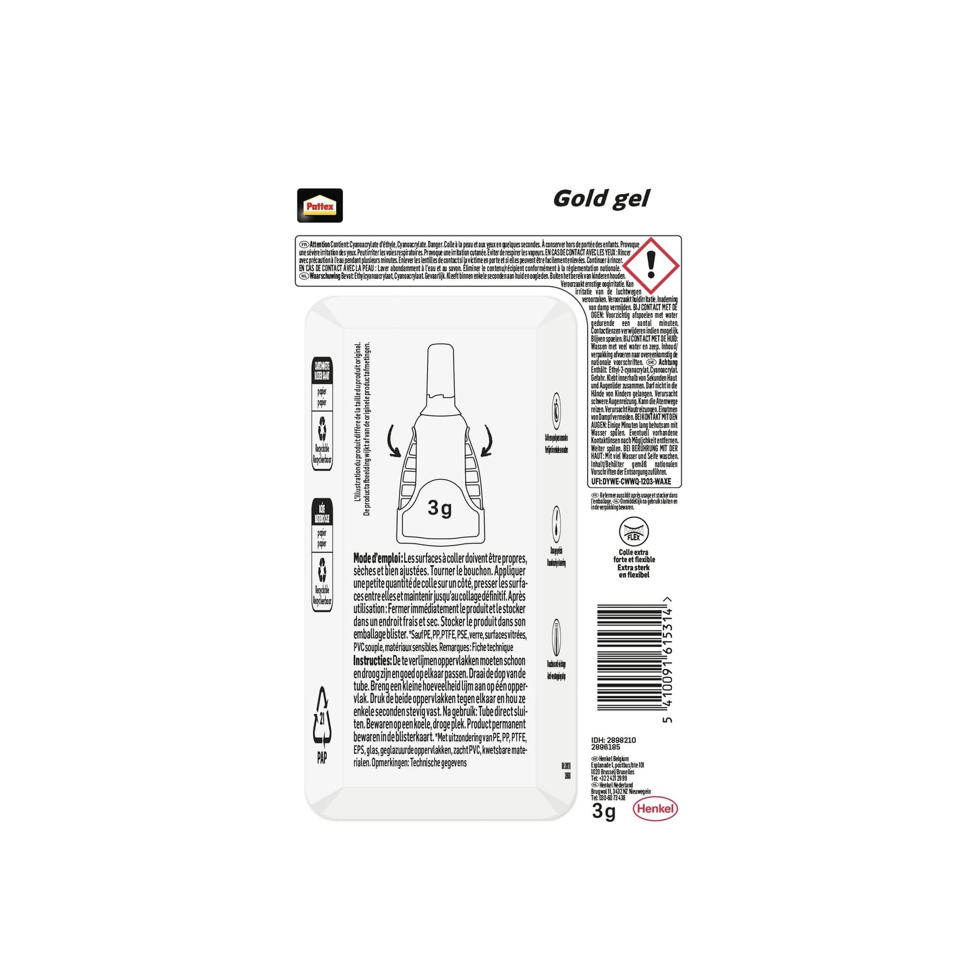 Secondelijm Pattex Gold GEL tube 3 gram op blister 3