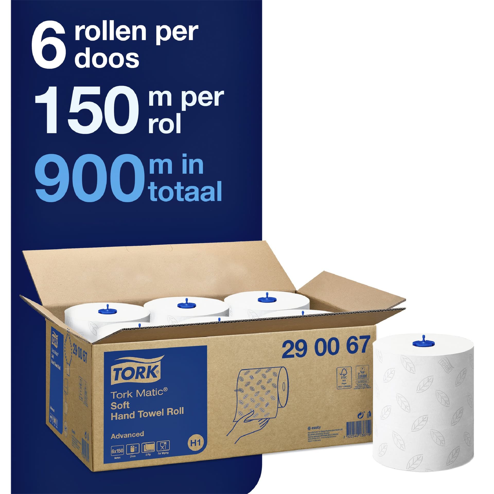 Handdoekrol Tork H1 Matic Advanced 2-laags 150m wit 290067 2