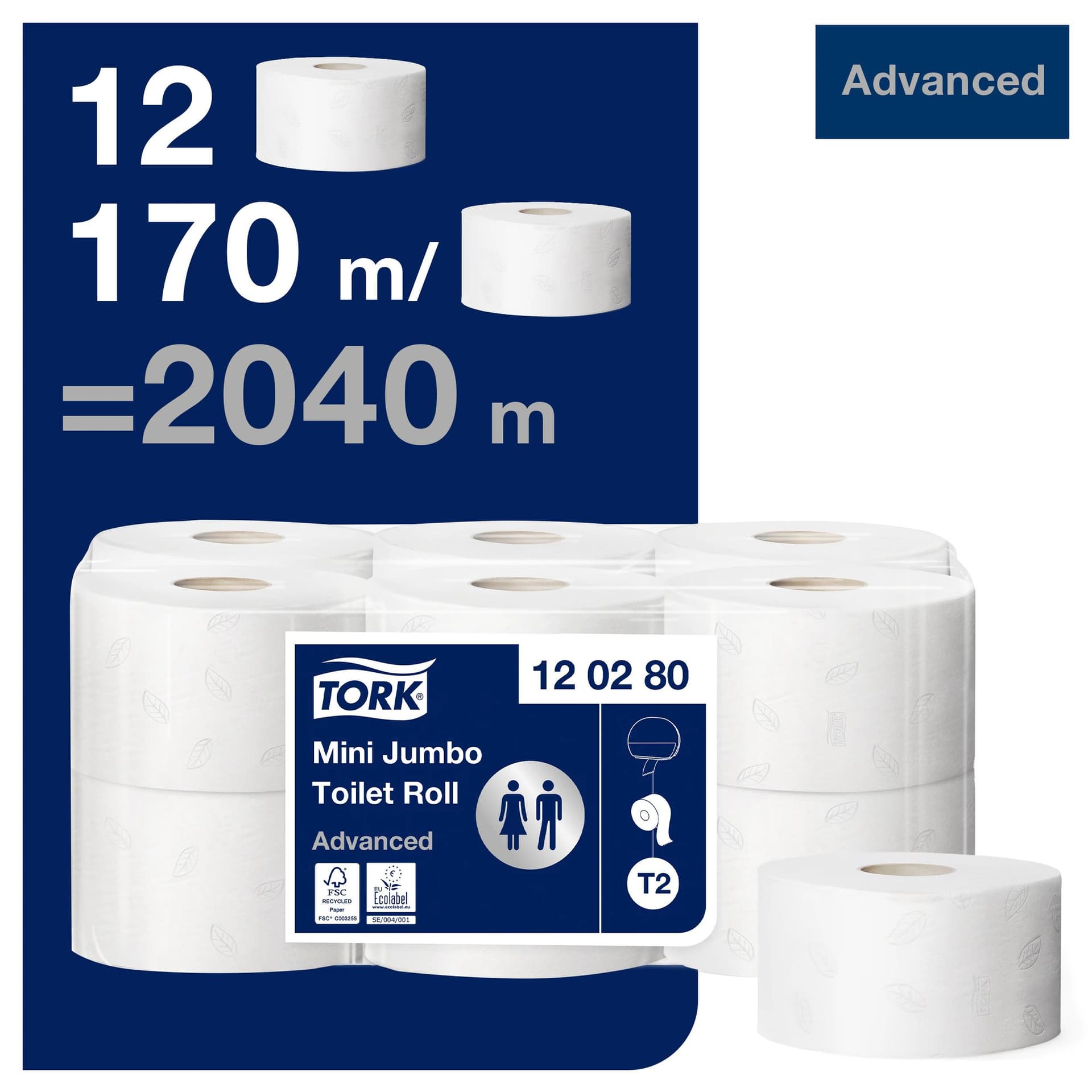 Toiletpapier Tork T2 Advanced jumbo klein 2-laags 170m wit 120280 6