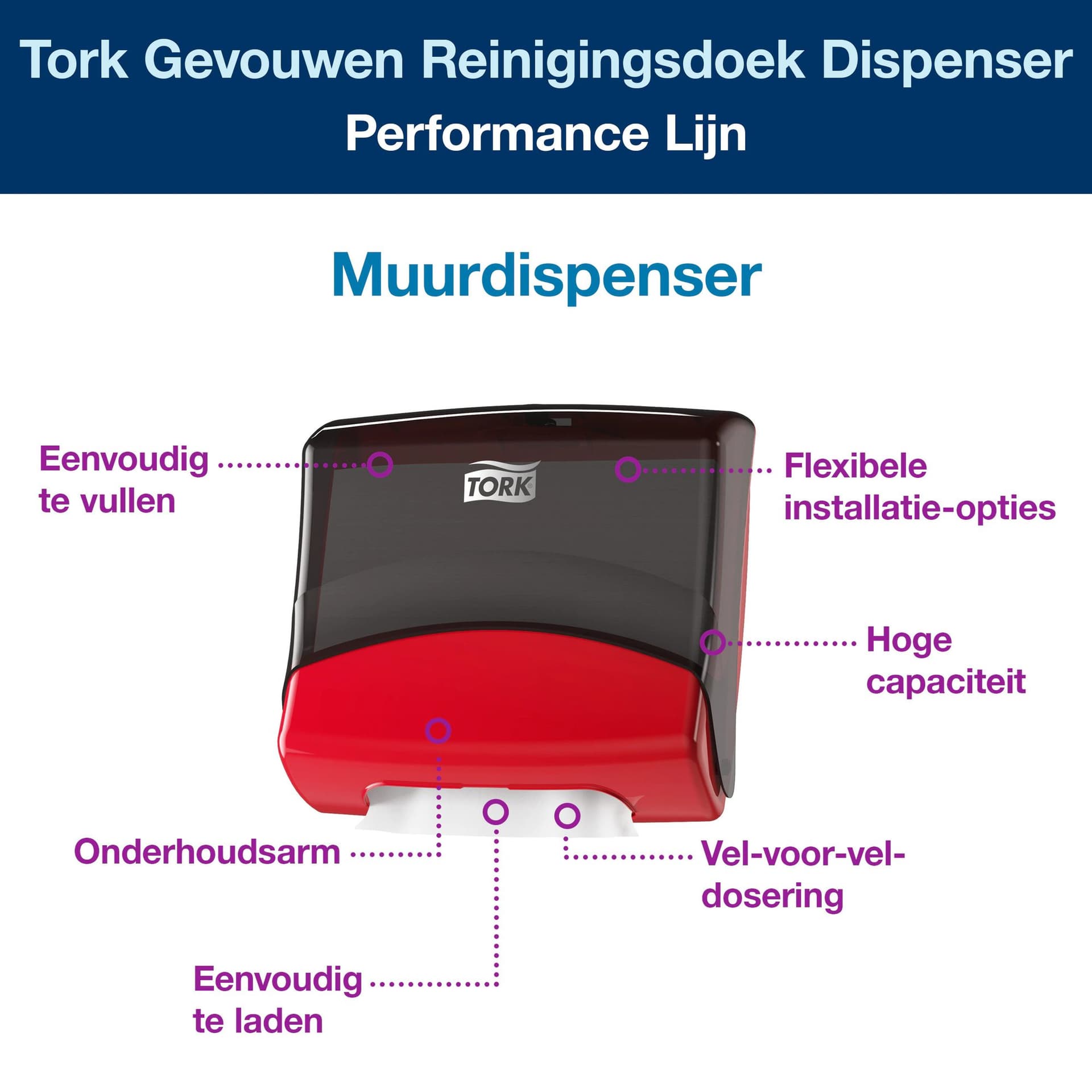 Reinigingsdoekdispenser Tork W4 Performance gevouwen rood 654008 2