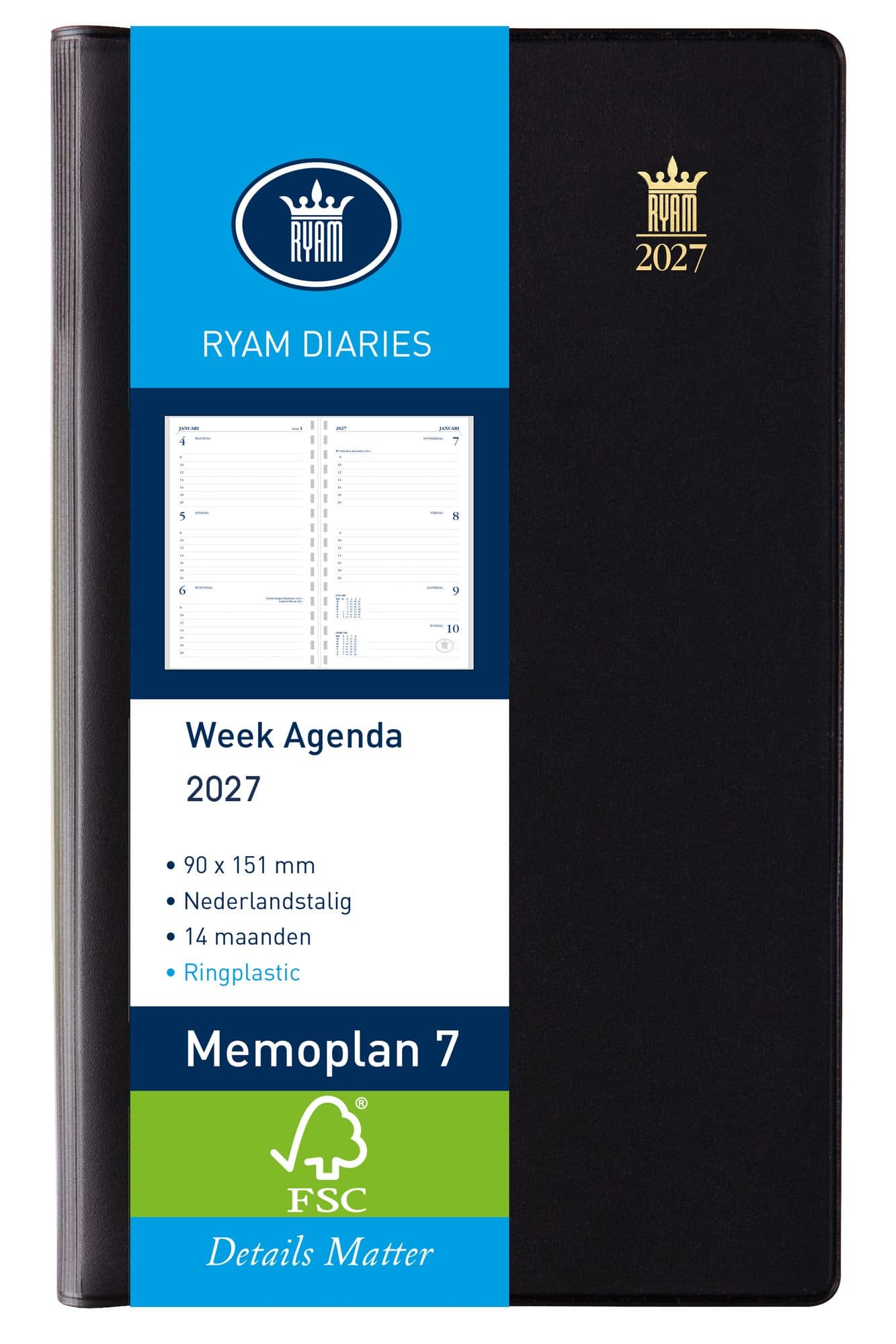 Agenda 2027 Ryam Memoplan 7 Suprema ringplastic 7dagen/2pagina's zwart