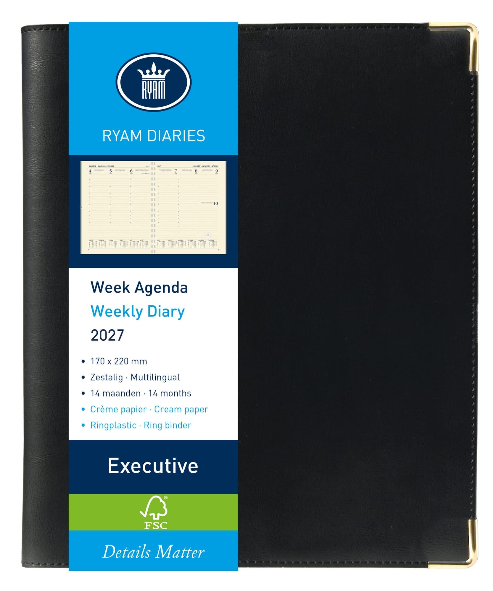 Agenda 2027 Ryam Executive Nappa 7dagen/2pagina's ringplastic zwart