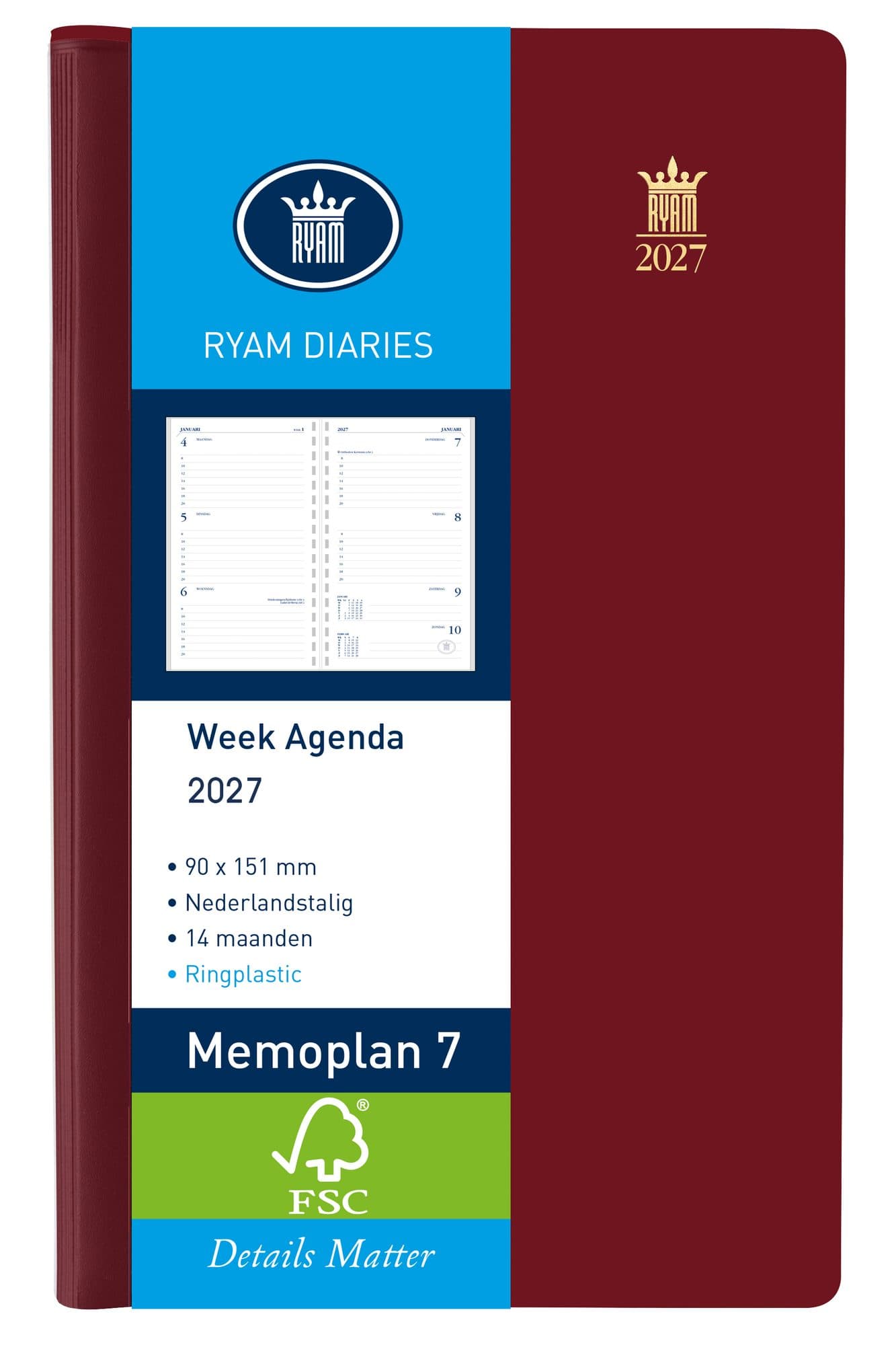 Agenda 2027 Ryam Memoplan 7 Suprema ringplasic 7dagen/2pagina's bordeaux