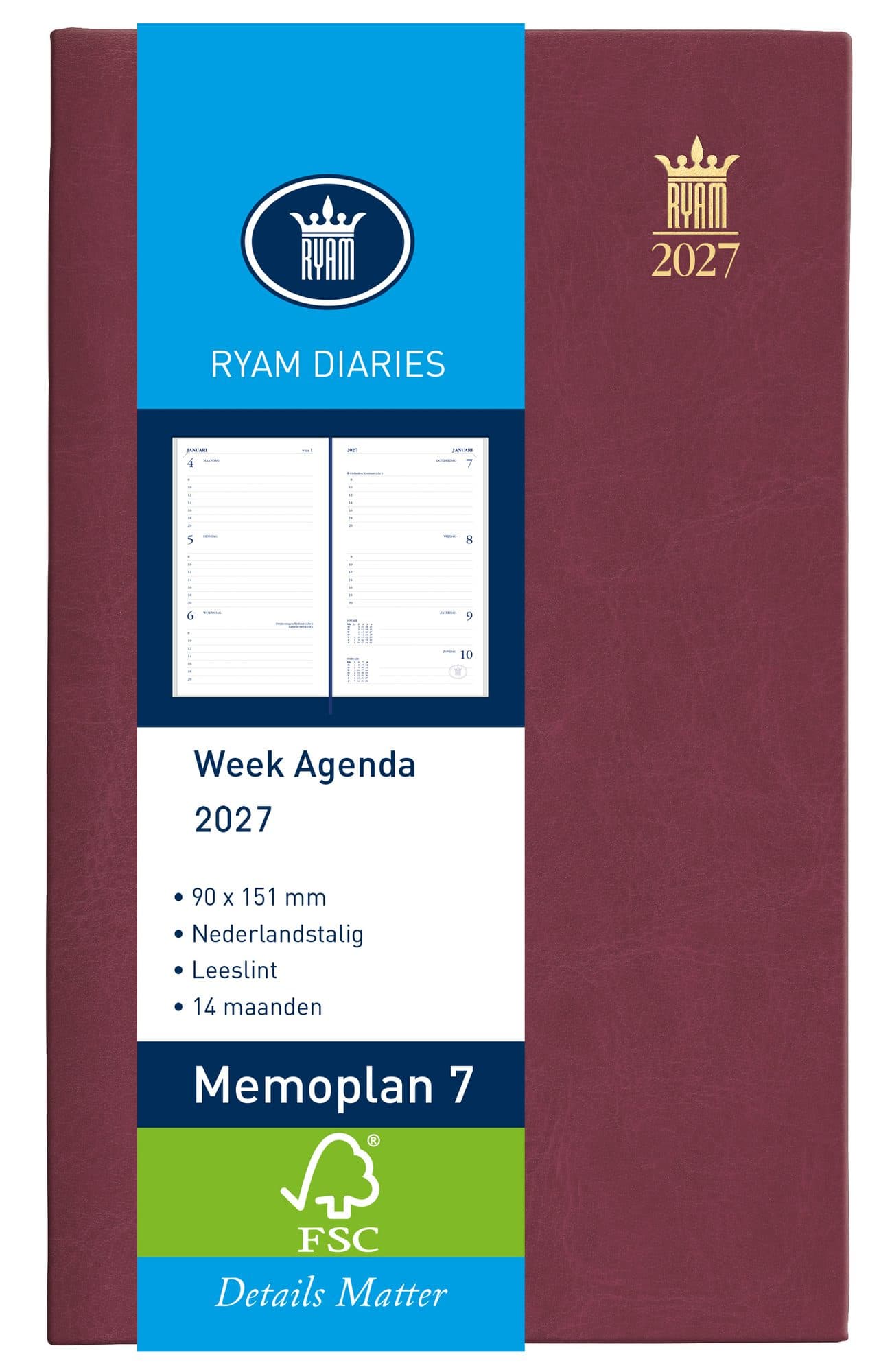 Agenda 2027 Ryam Memoplan 7 Mundior 7dagen/2pagina's bordeaux