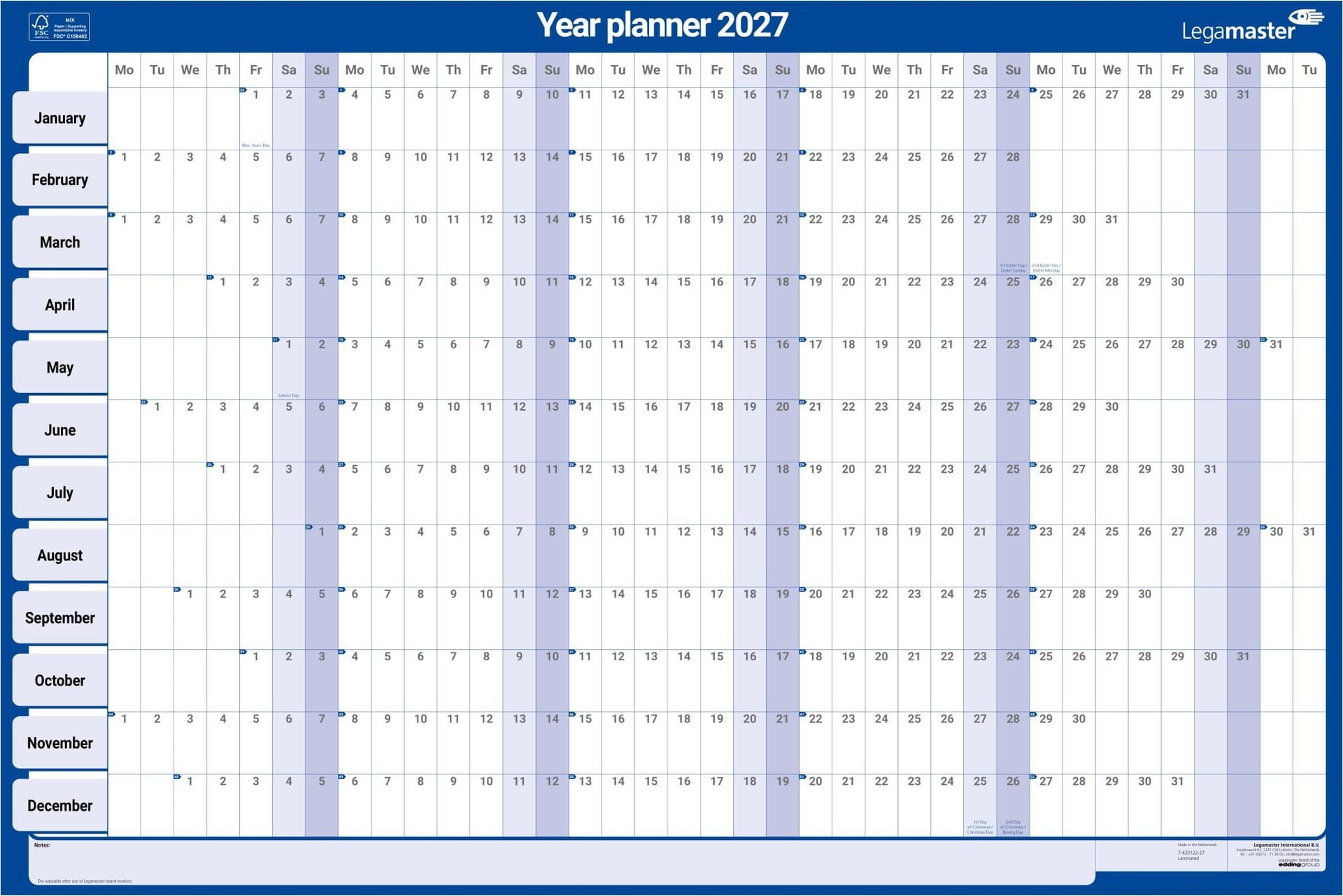 Jaarplanner 2027 Legamaster 90x60cm horizontaal gelamineerd Engelstalig