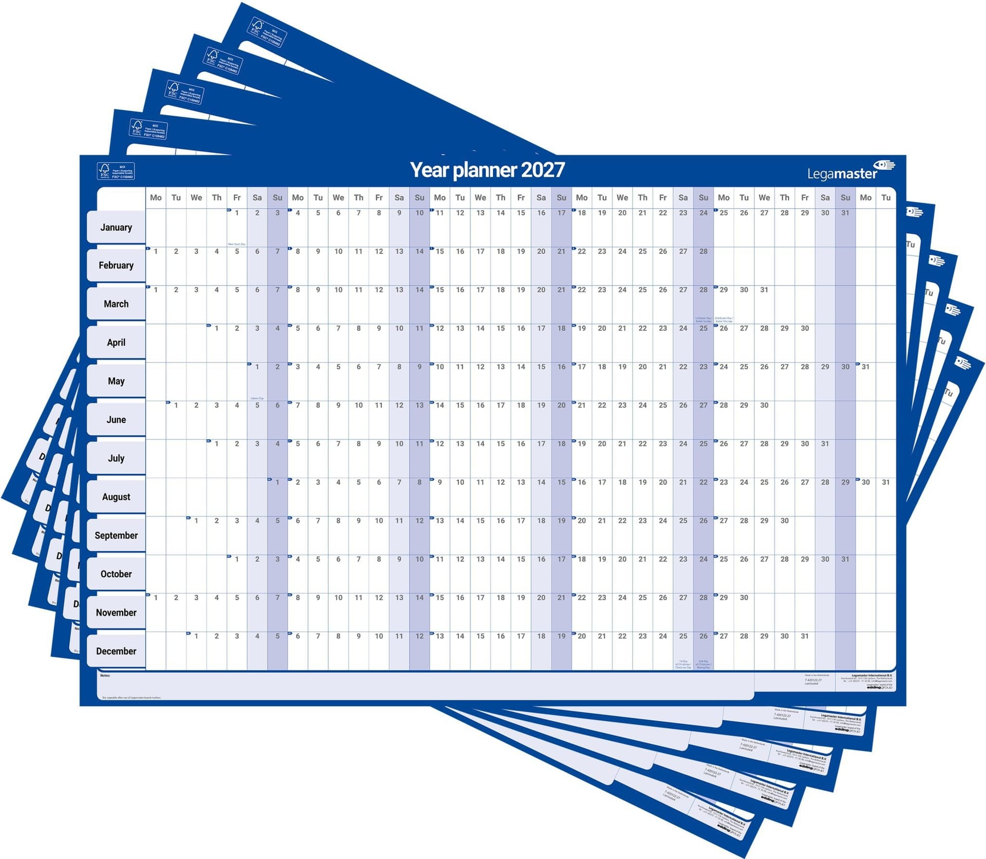 Jaarplanner 2027 Legamaster 90x60cm horizontaal gelamineerd Engelstalig 2