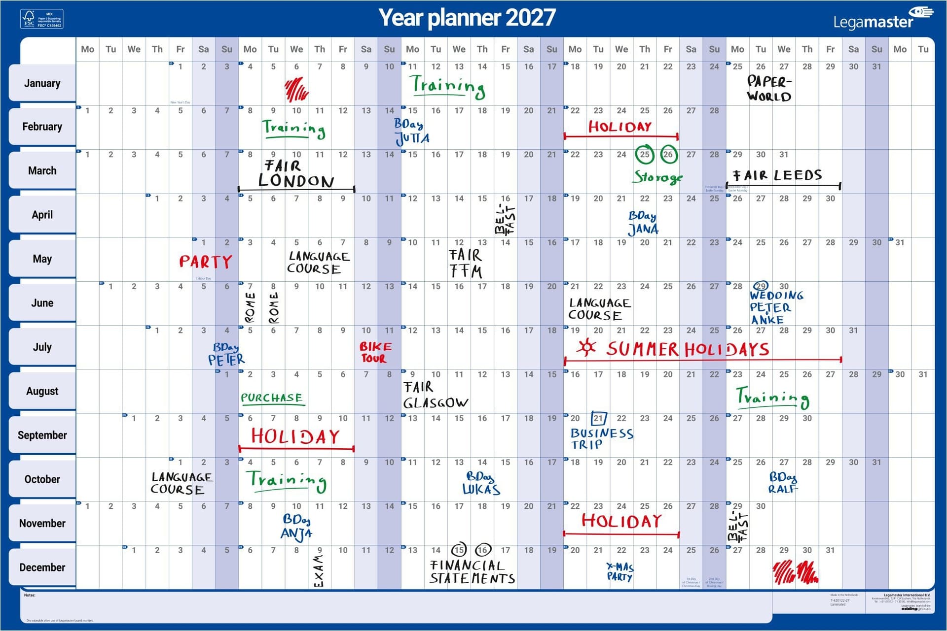 Jaarplanner 2027 Legamaster 90x60cm horizontaal gelamineerd Engelstalig 3