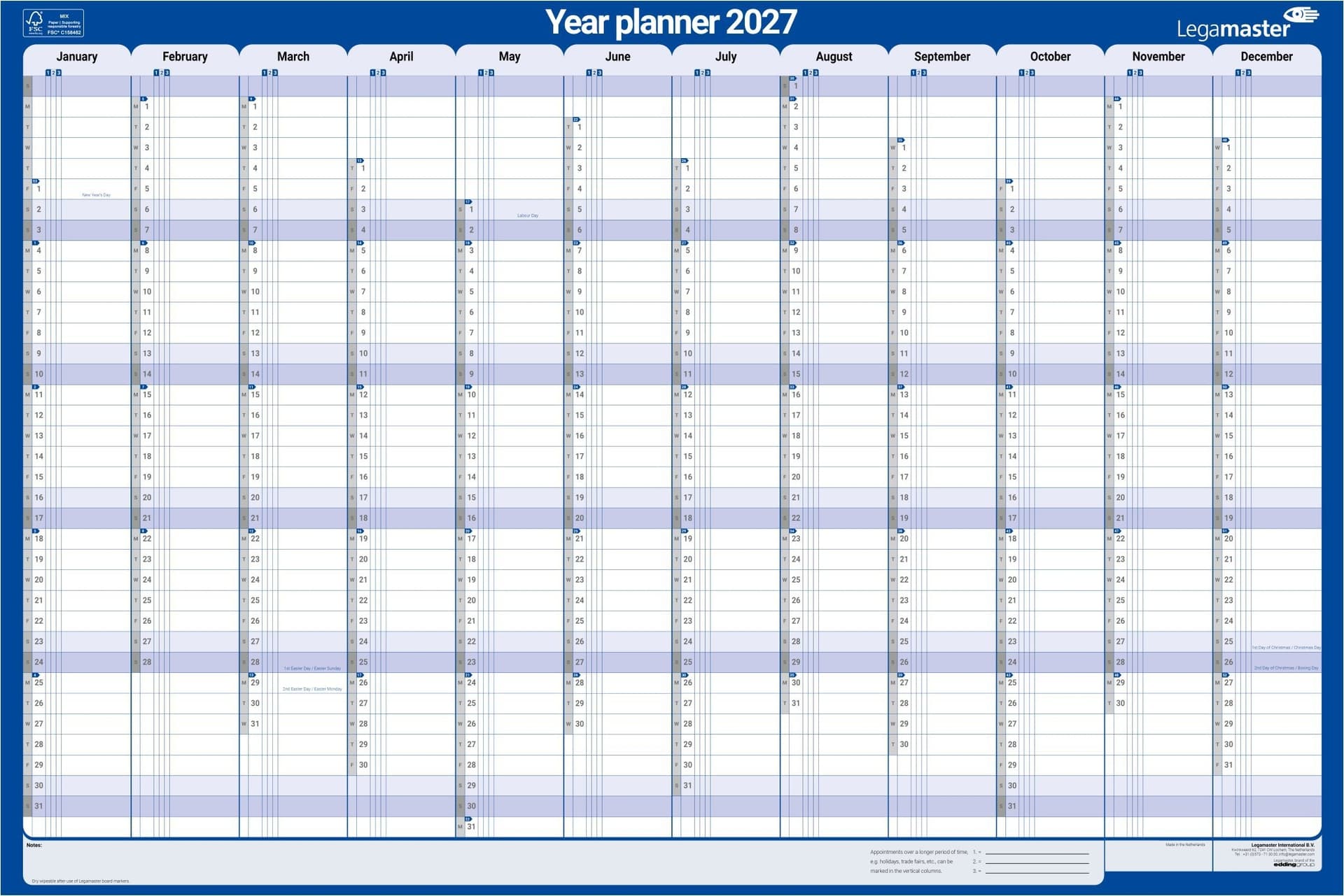 Jaarplanner 2027 Legamaster 1 persoon 90x60cm horizontaal gelamineerd Engelstalig