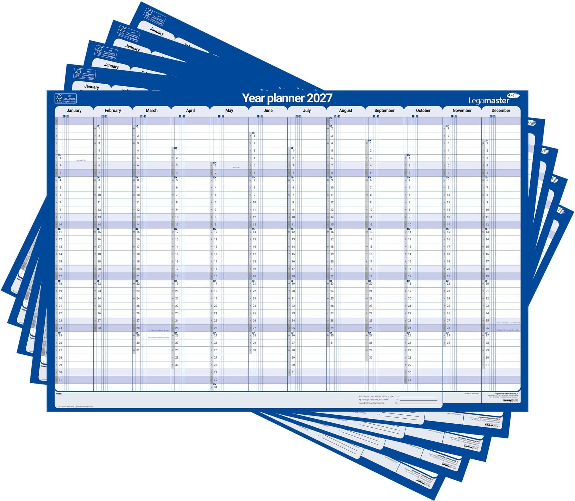 Jaarplanner 2027 Legamaster 1 persoon 90x60cm horizontaal gelamineerd Engelstalig 2