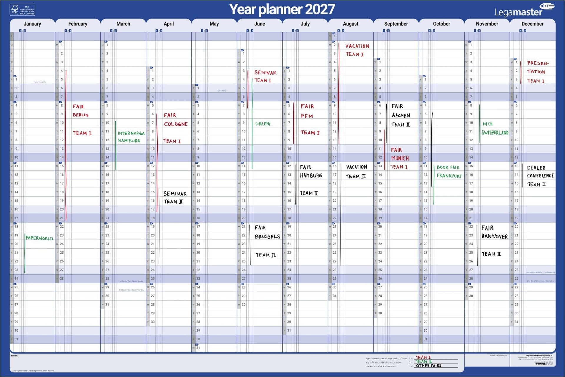 Jaarplanner 2027 Legamaster 1 persoon 90x60cm horizontaal gelamineerd Engelstalig 3