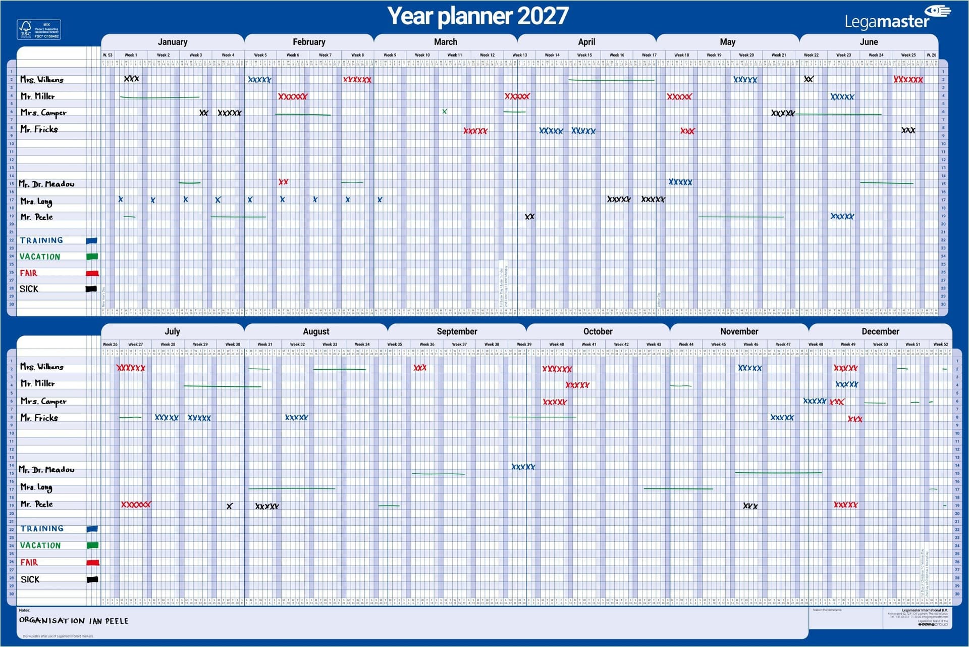 Projectplanner 2027 Legamaster 90x60cm horizontaal gelamineerd Engelstalig 3