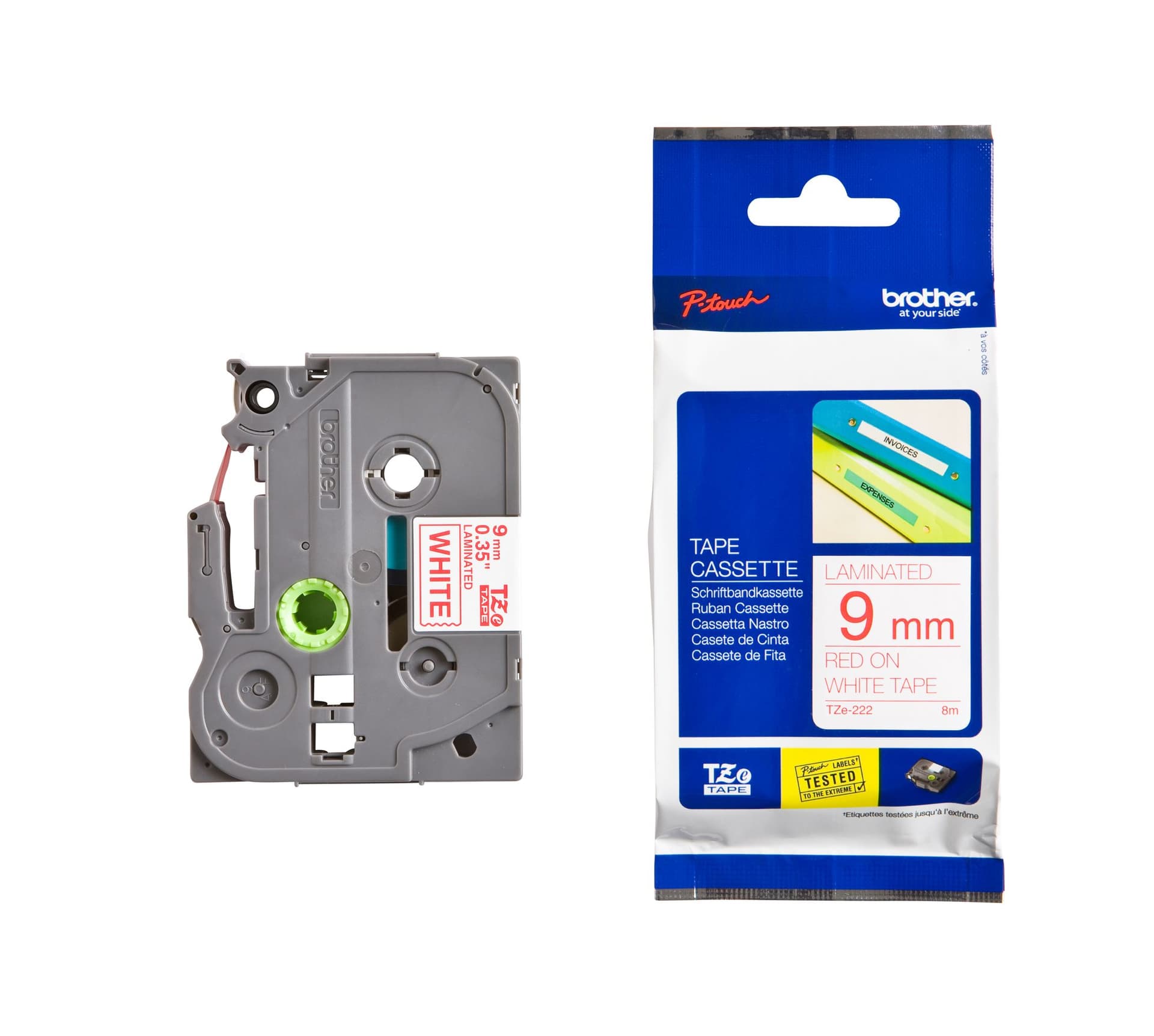 Labeltape Brother P-touch TZe-222 standaard 9mm rood op wit 3