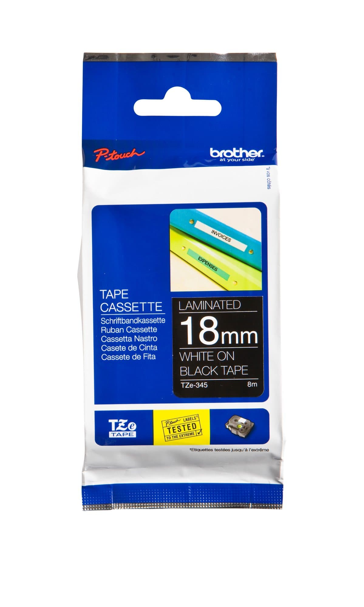 Labeltape Brother P-touch TZe-345 standaard 18mm wit op zwart