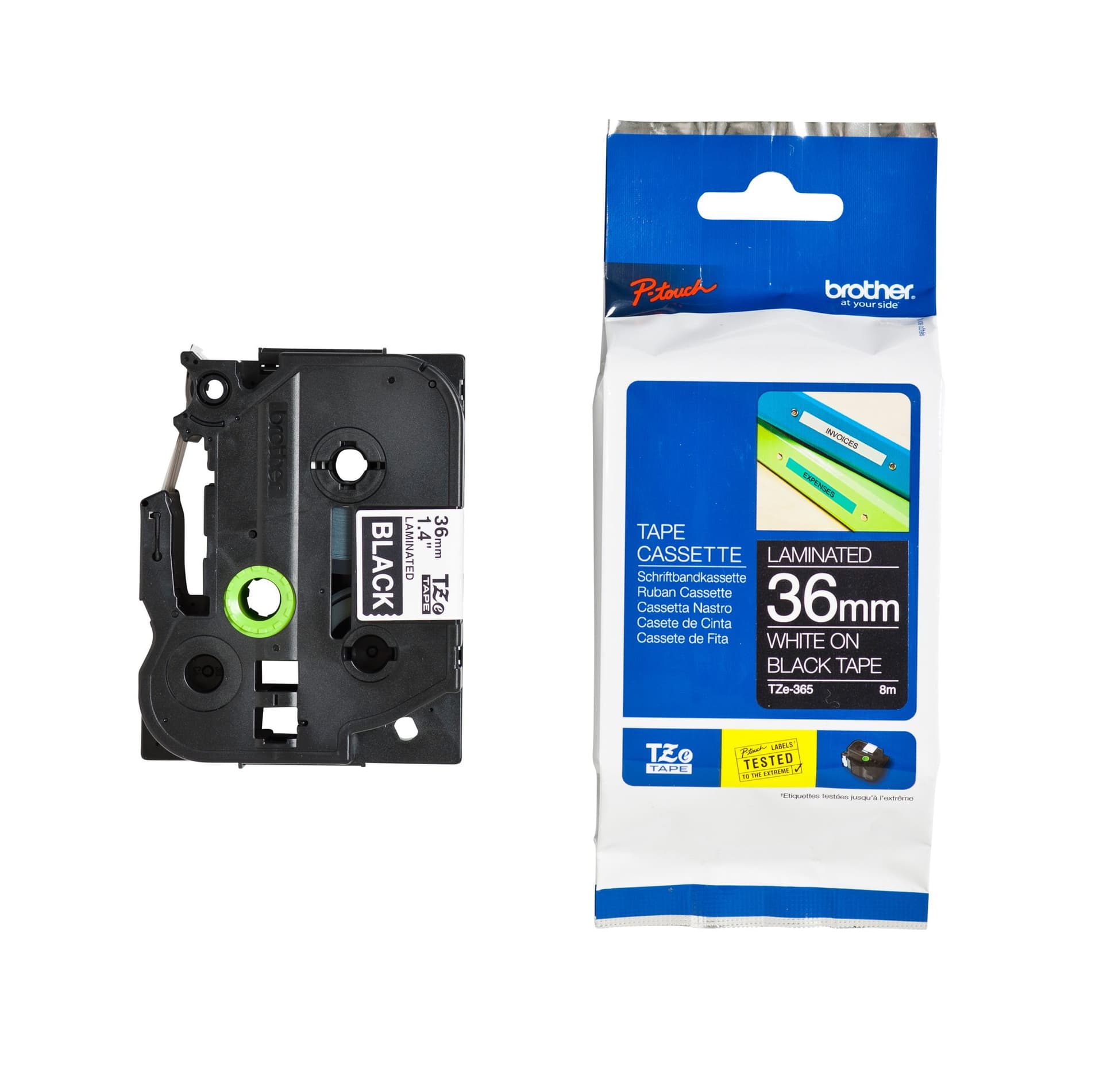Labeltape Brother P-touch TZe-365 standaard 36mm wit op zwart 3