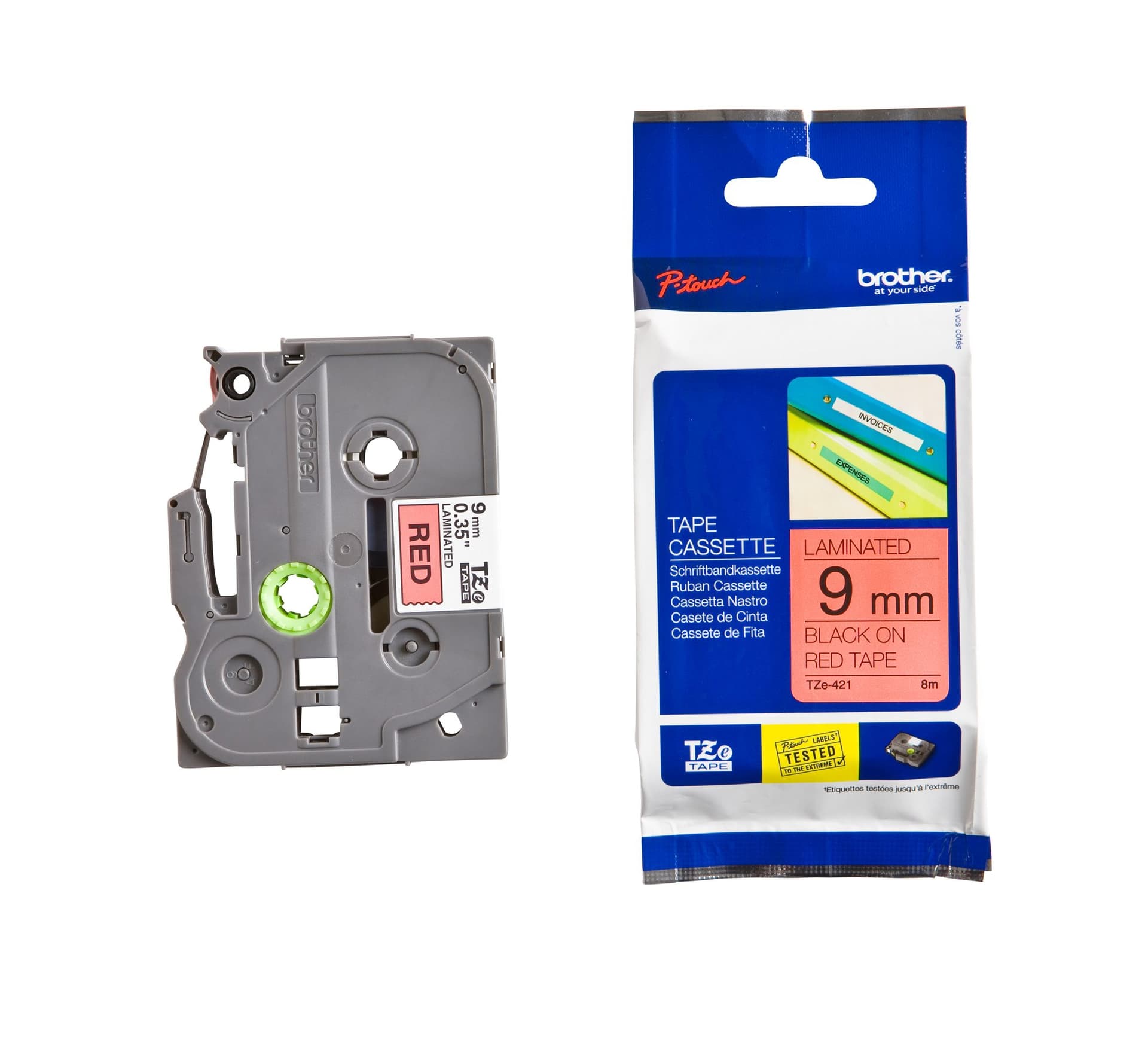 Labeltape Brother P-touch TZe-421 standaard 9mm zwart op rood 3