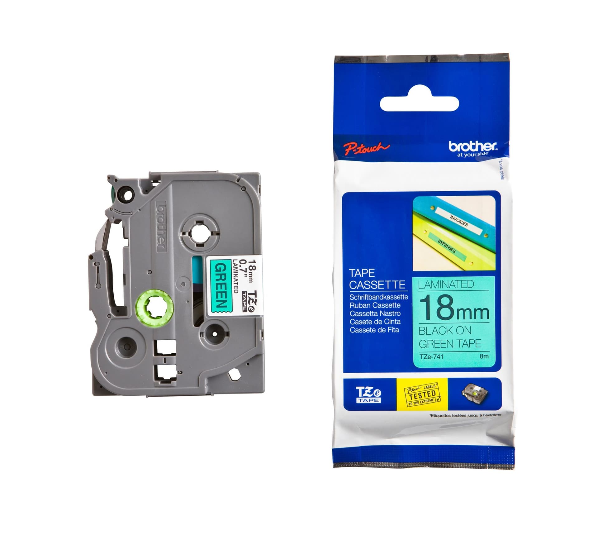 Labeltape Brother P-touch TZe-741 standaard 18mm zwart op groen 3