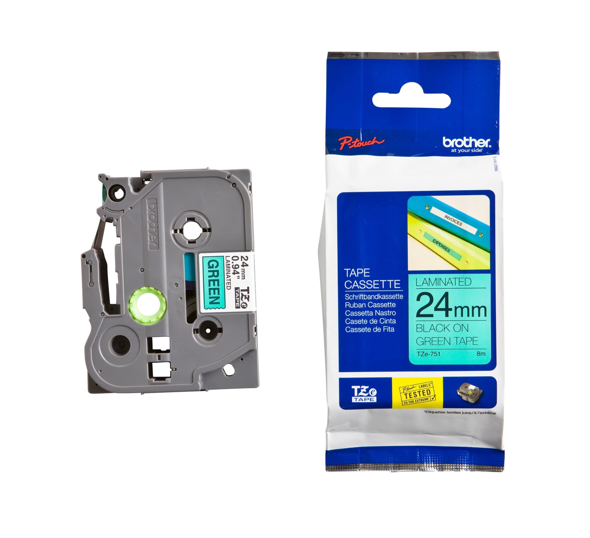 Labeltape Brother P-touch TZe-751 standaard 24mm zwart op groen 3