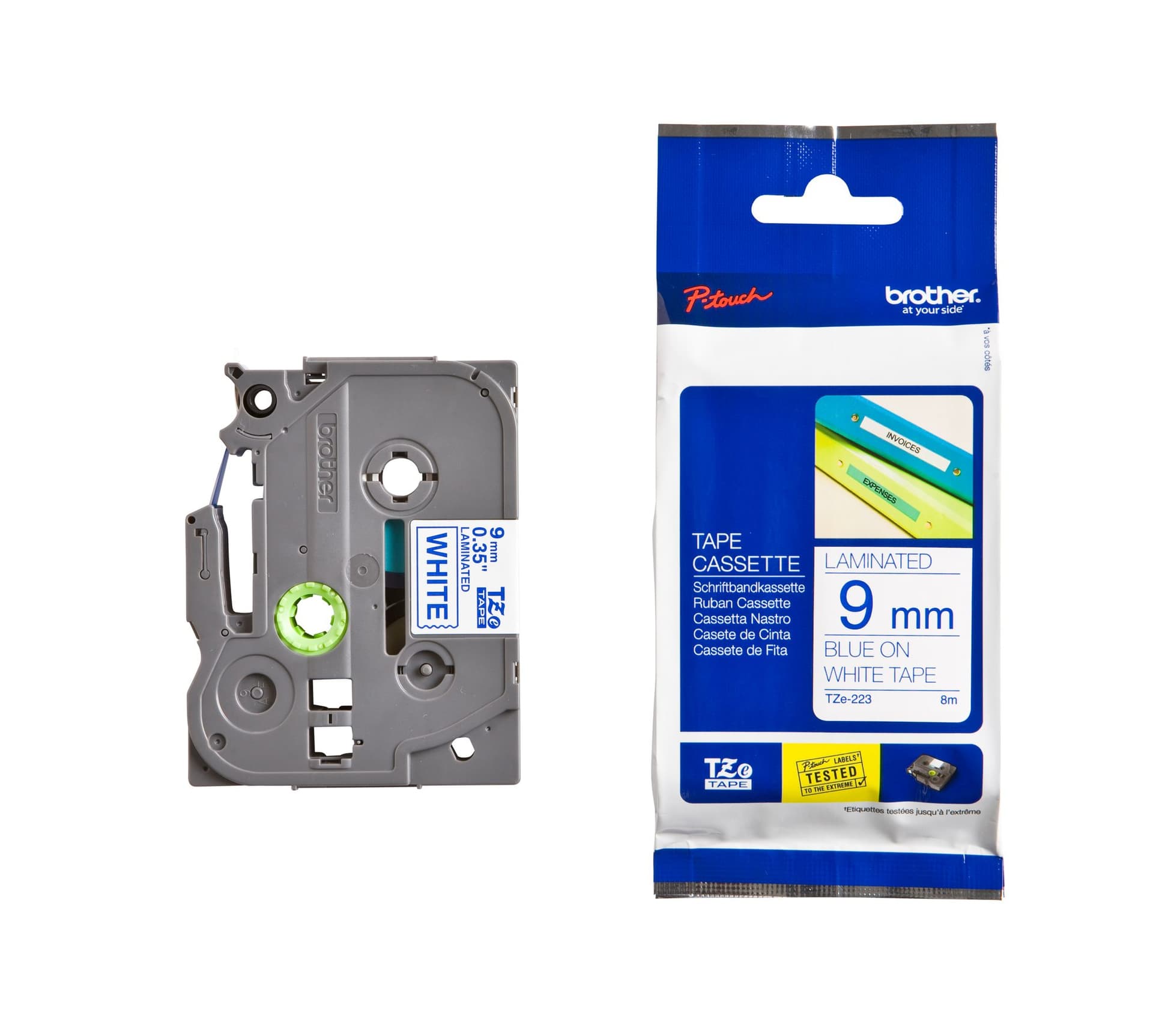 Labeltape Brother P-touch TZe-223 standaard 9mm blauw op wit 3