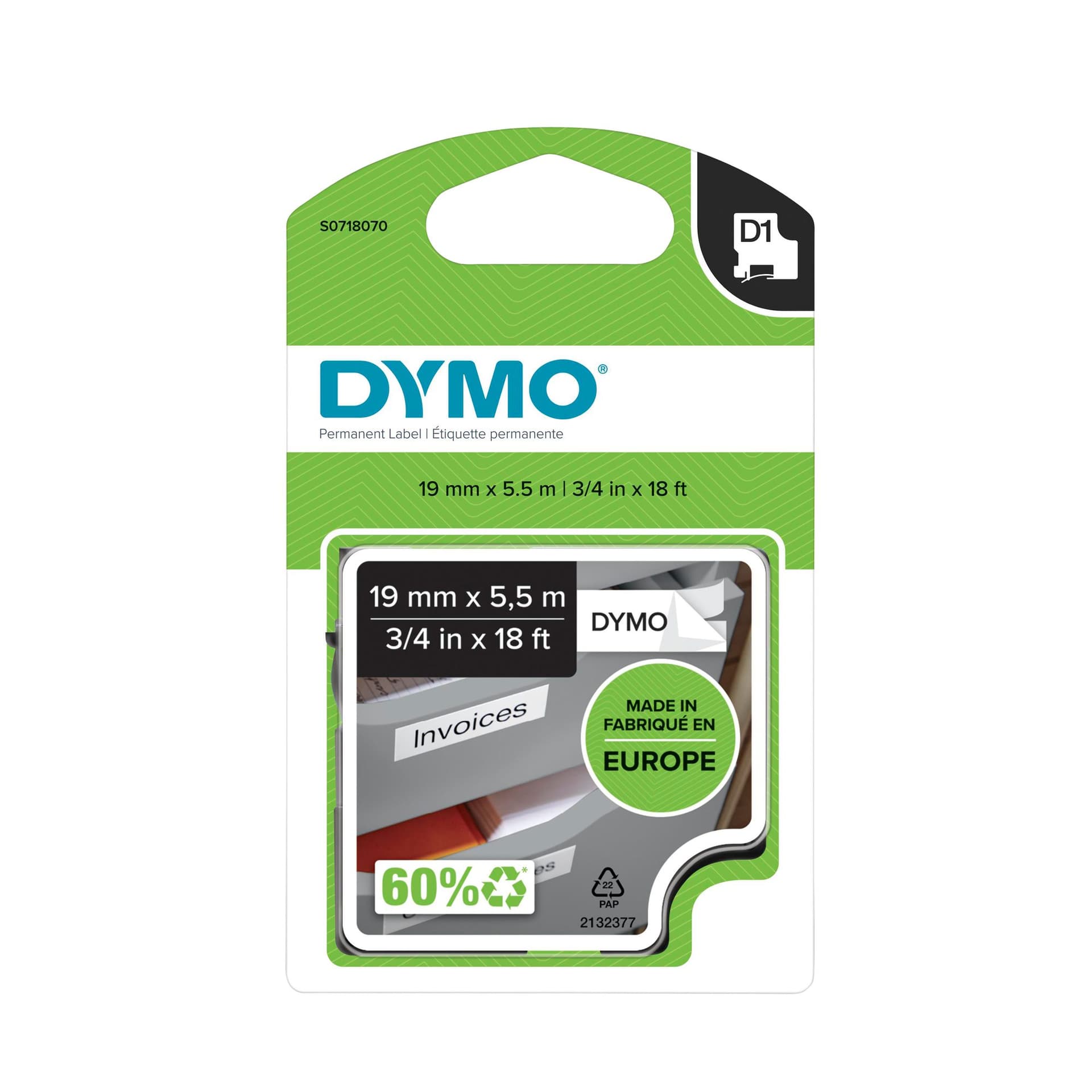 Labeltape Dymo LabelManager D1 polyester 19mmx5,5m zwart op wit