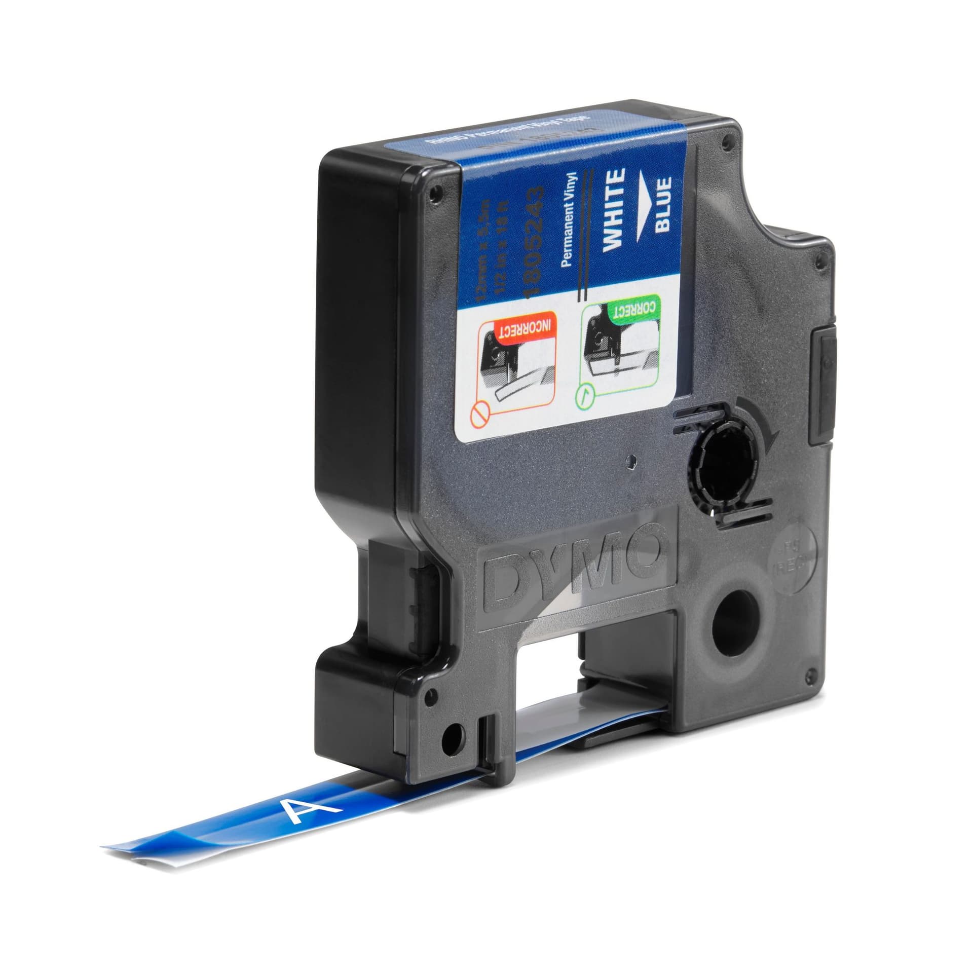 Labeltape Dymo Rhino industrieel vinyl 12mm wit op blauw 2