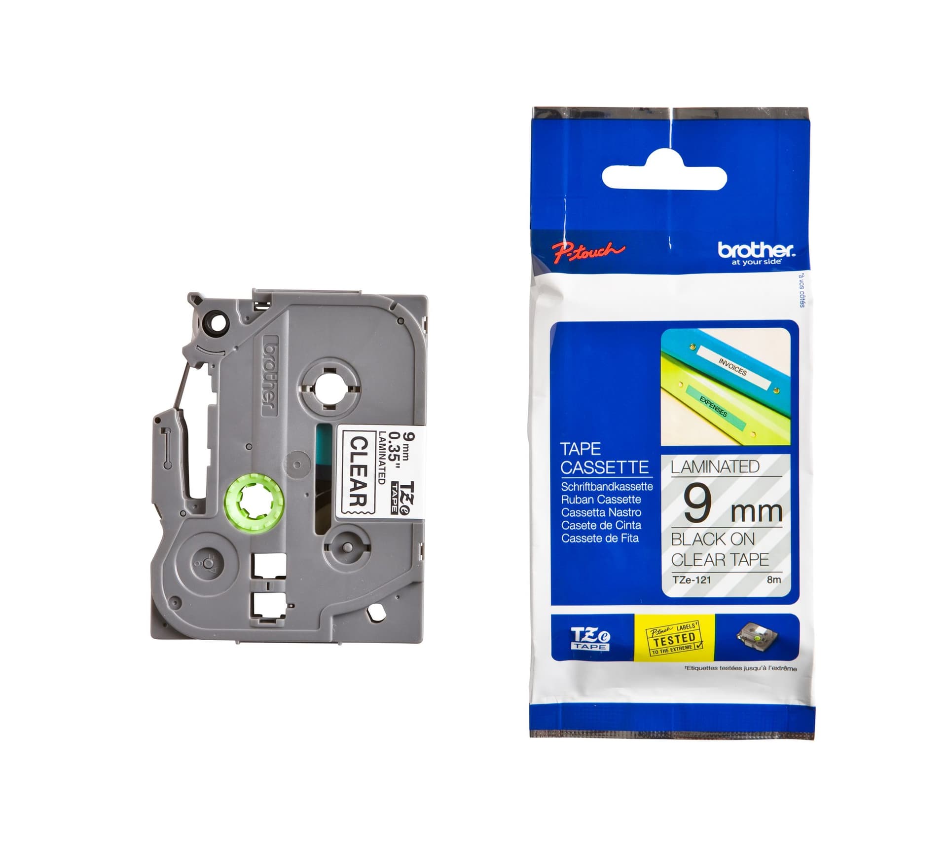 Labeltape Brother P-touch TZe-121 standaard 9mm zwart op transparant 3