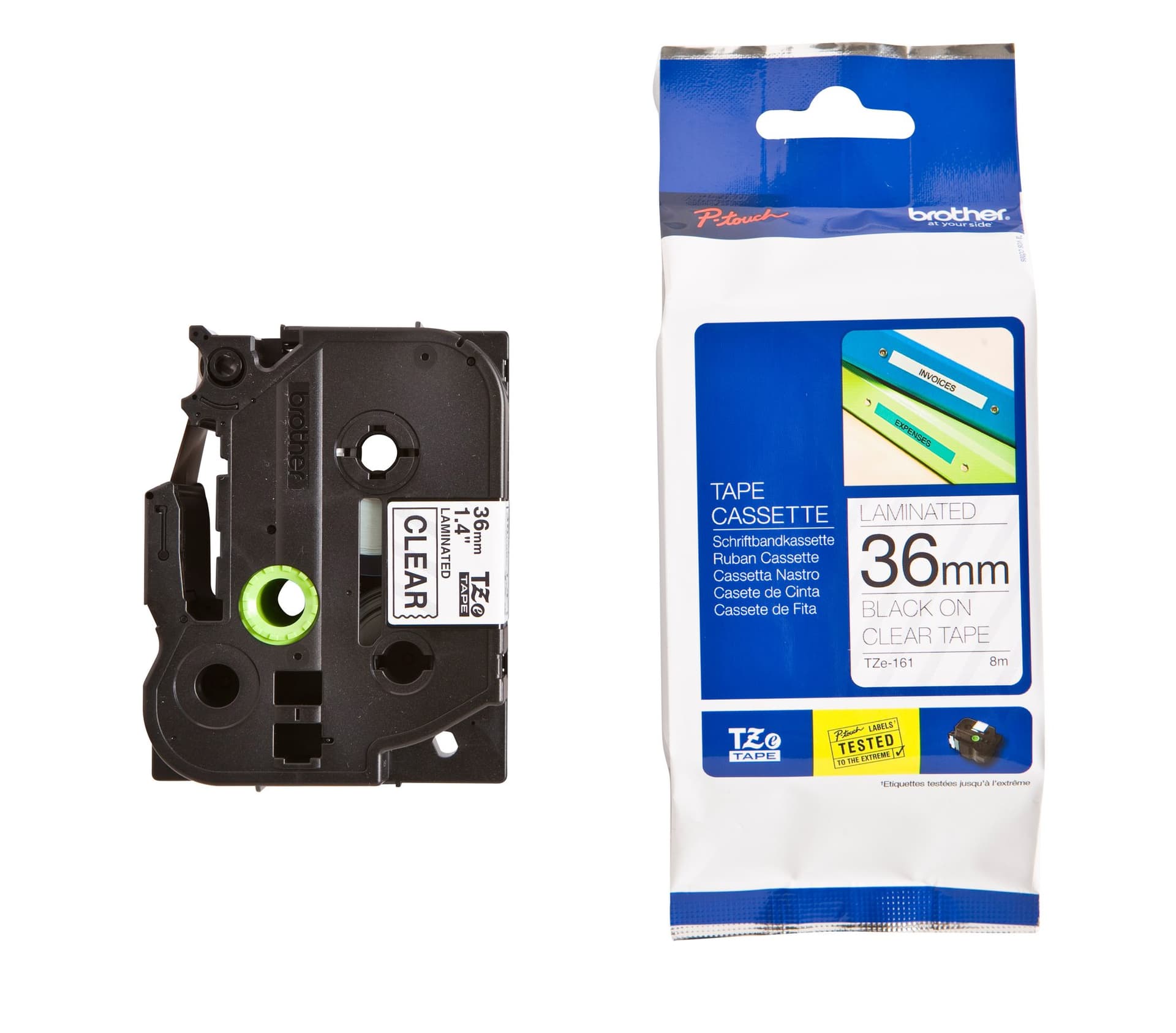 Labeltape Brother P-touch TZe-161 standaard 36mm zwart op transparant 3