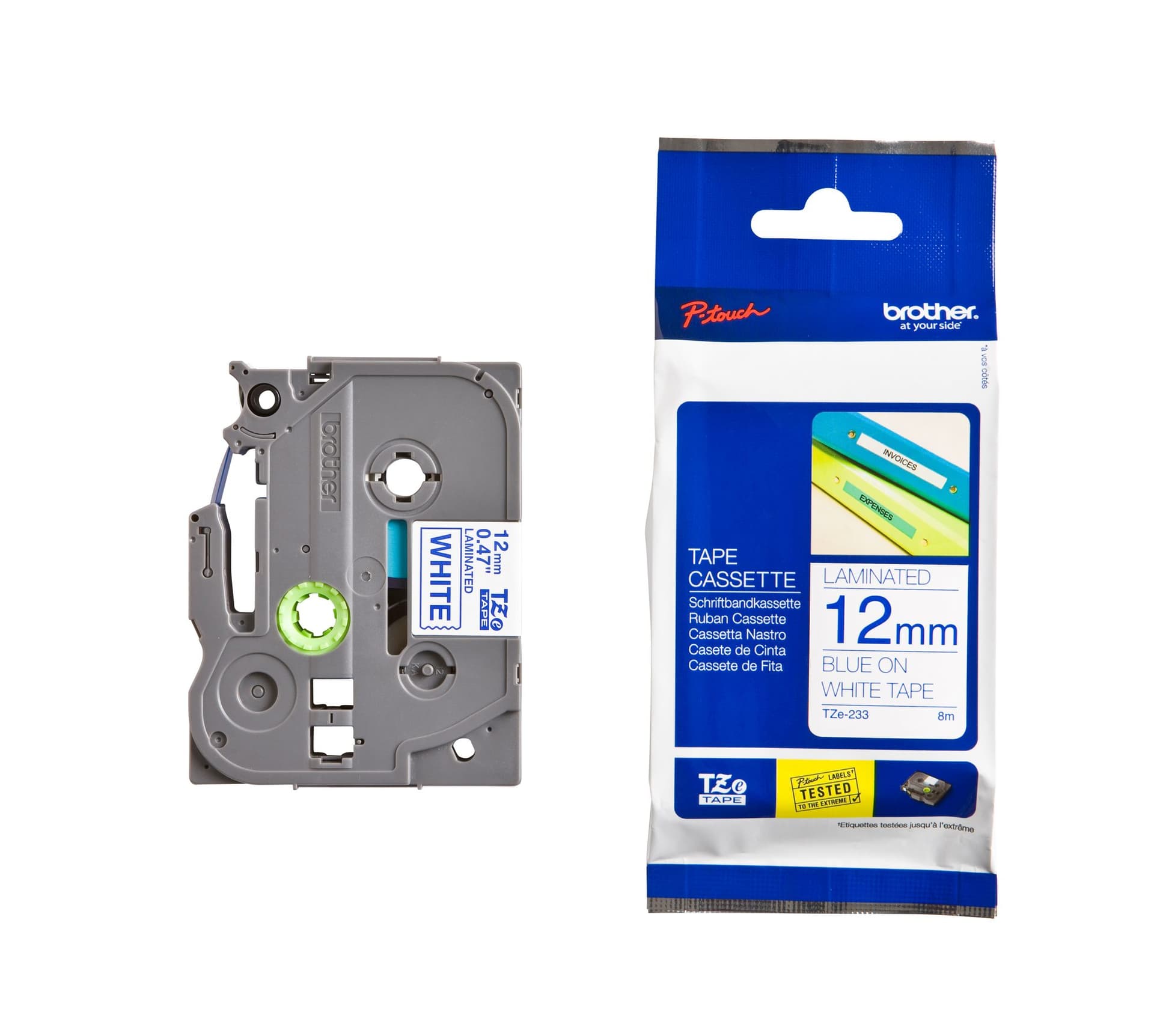 Labeltape Brother P-touch TZe-233 standaard 12mm blauw op wit 3