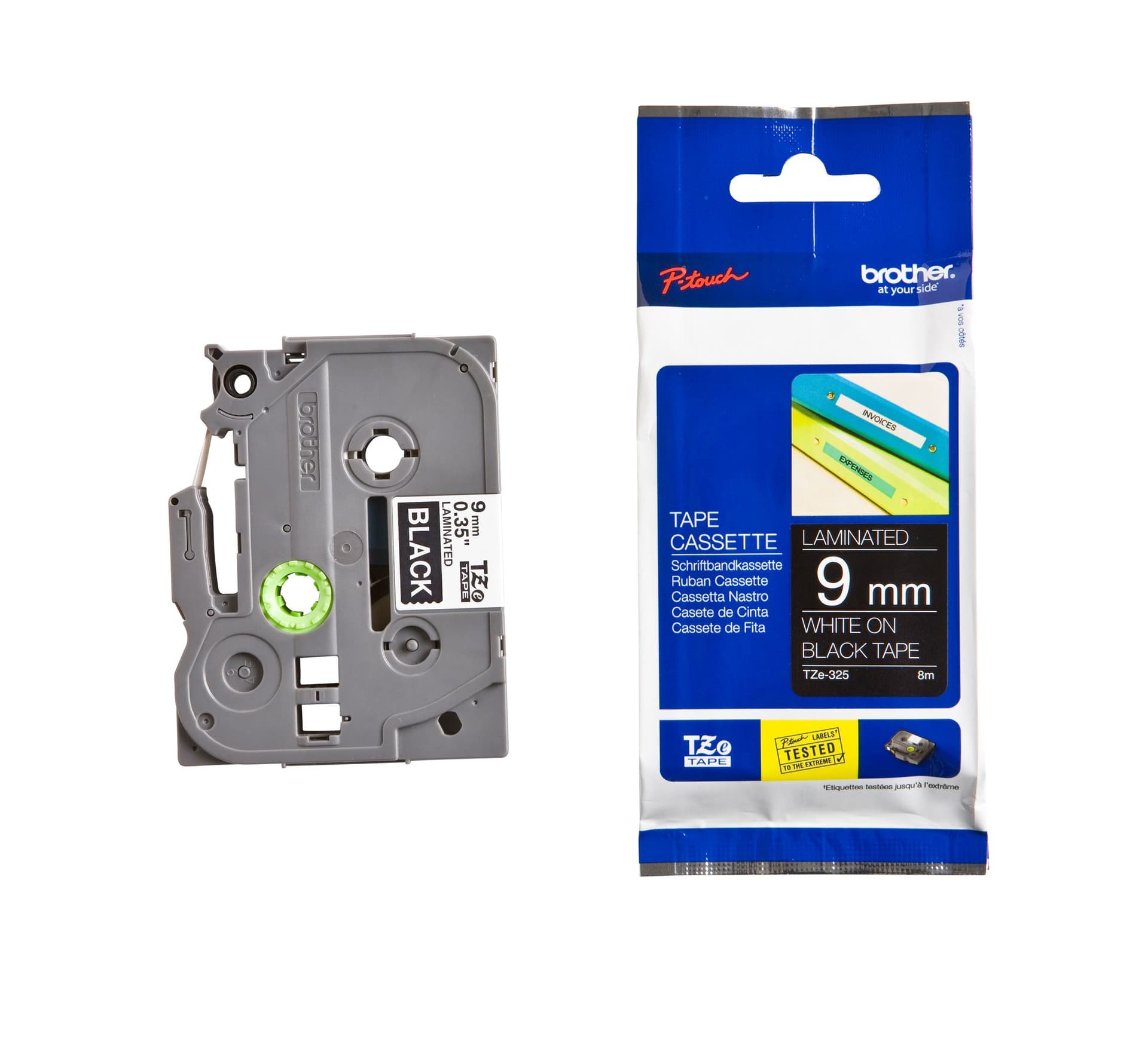 Labeltape Brother P-touch TZe-325 standaard 9mm wit op zwart 3