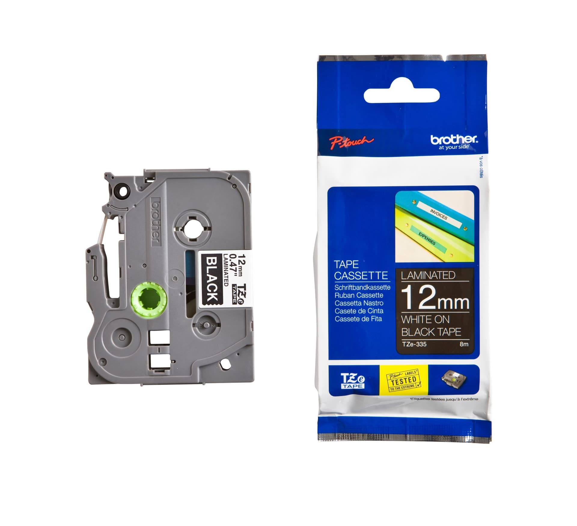 Labeltape Brother P-touch TZe-335 standaard 12mm wit op zwart 3