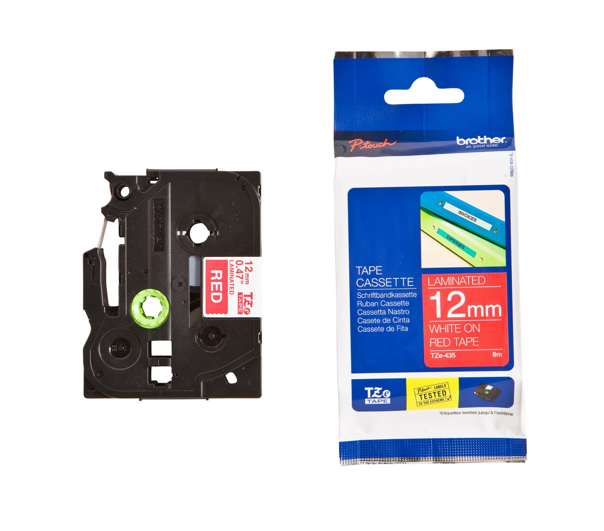 Labeltape Brother P-touch TZe-435 standaard 12mm wit op rood 3
