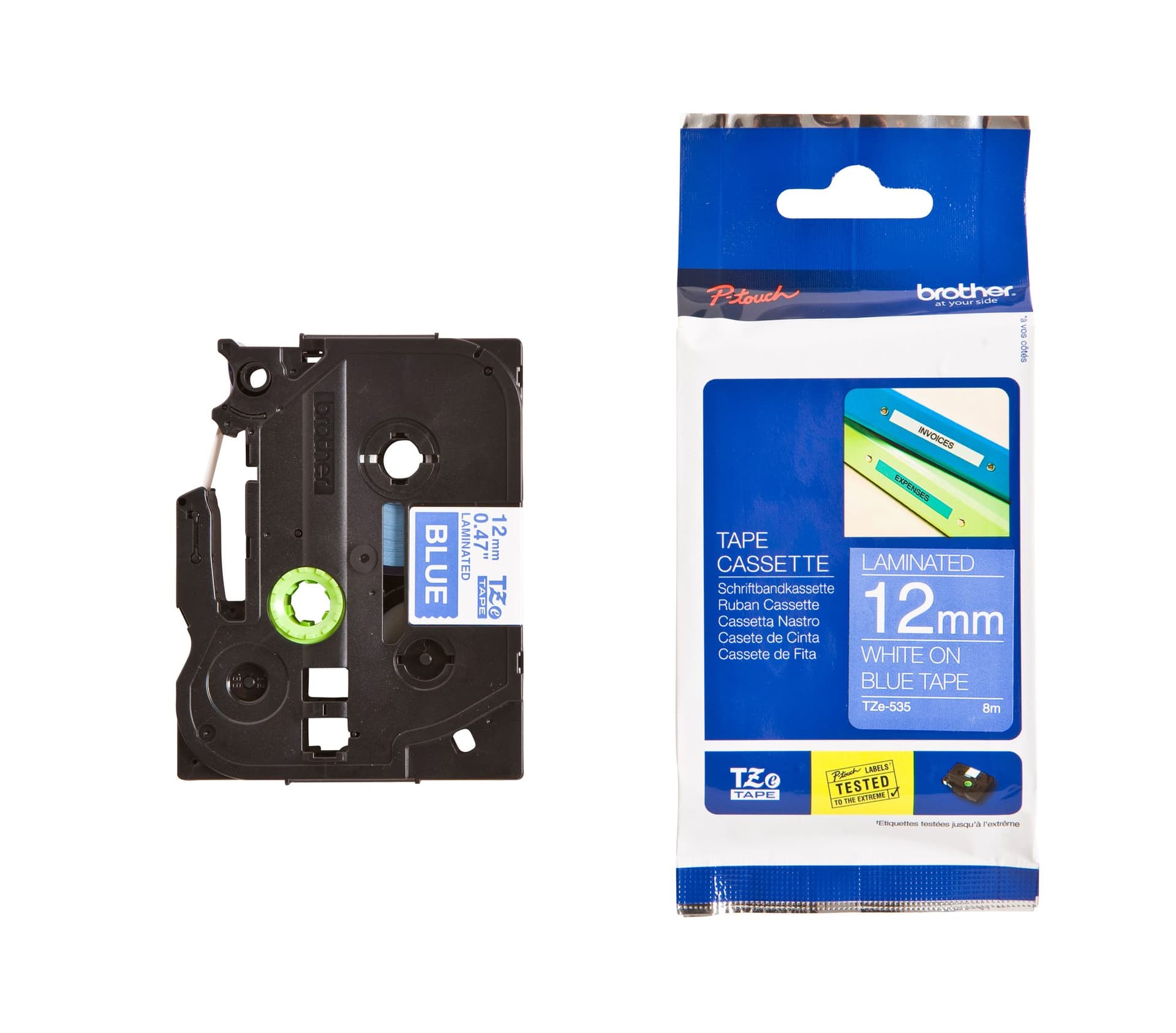 Labeltape Brother P-touch TZe-535 standaard 12mm wit op blauw 3