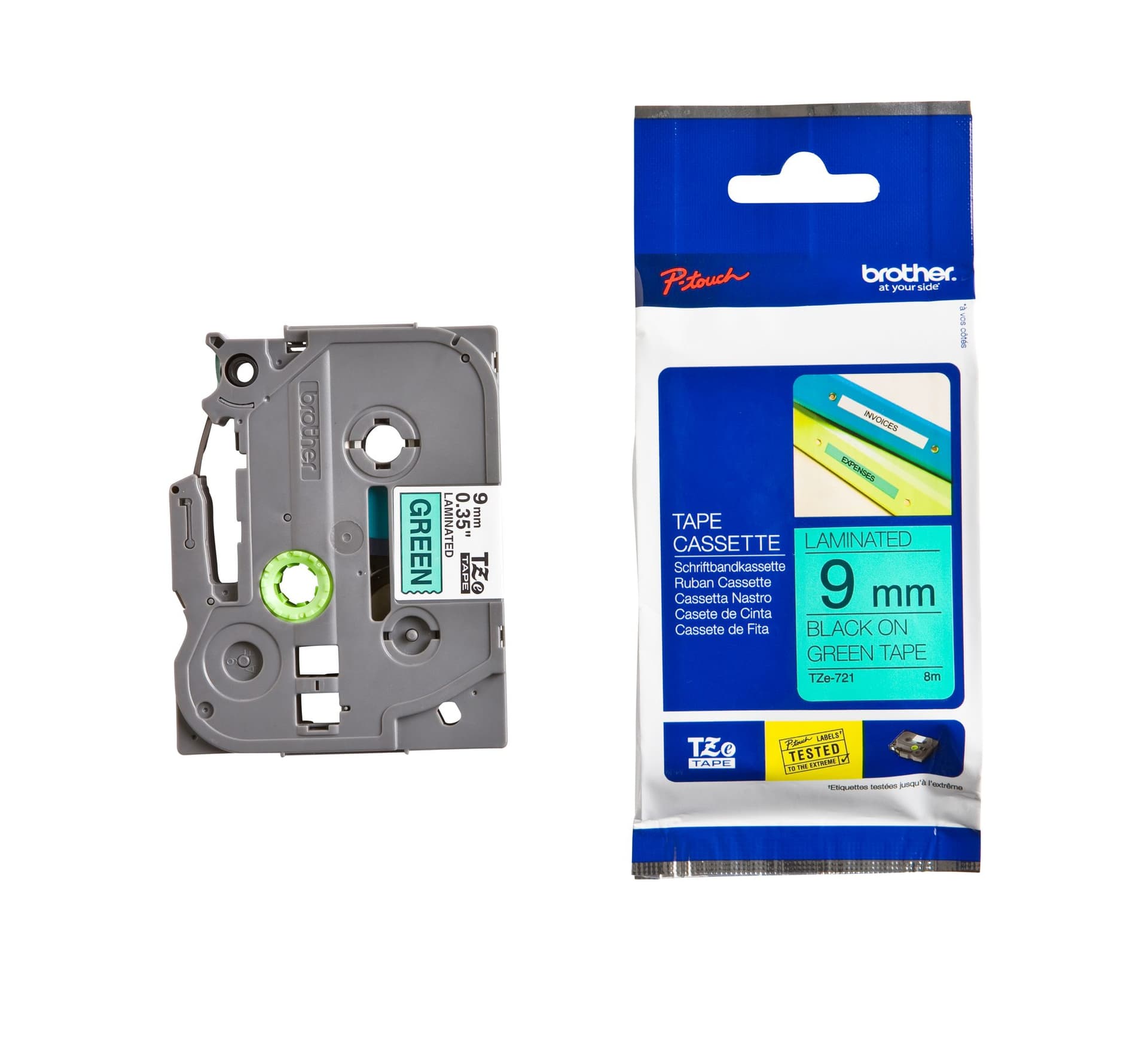 Labeltape Brother P-touch TZe-721 standaard 9mm zwart op groen 3
