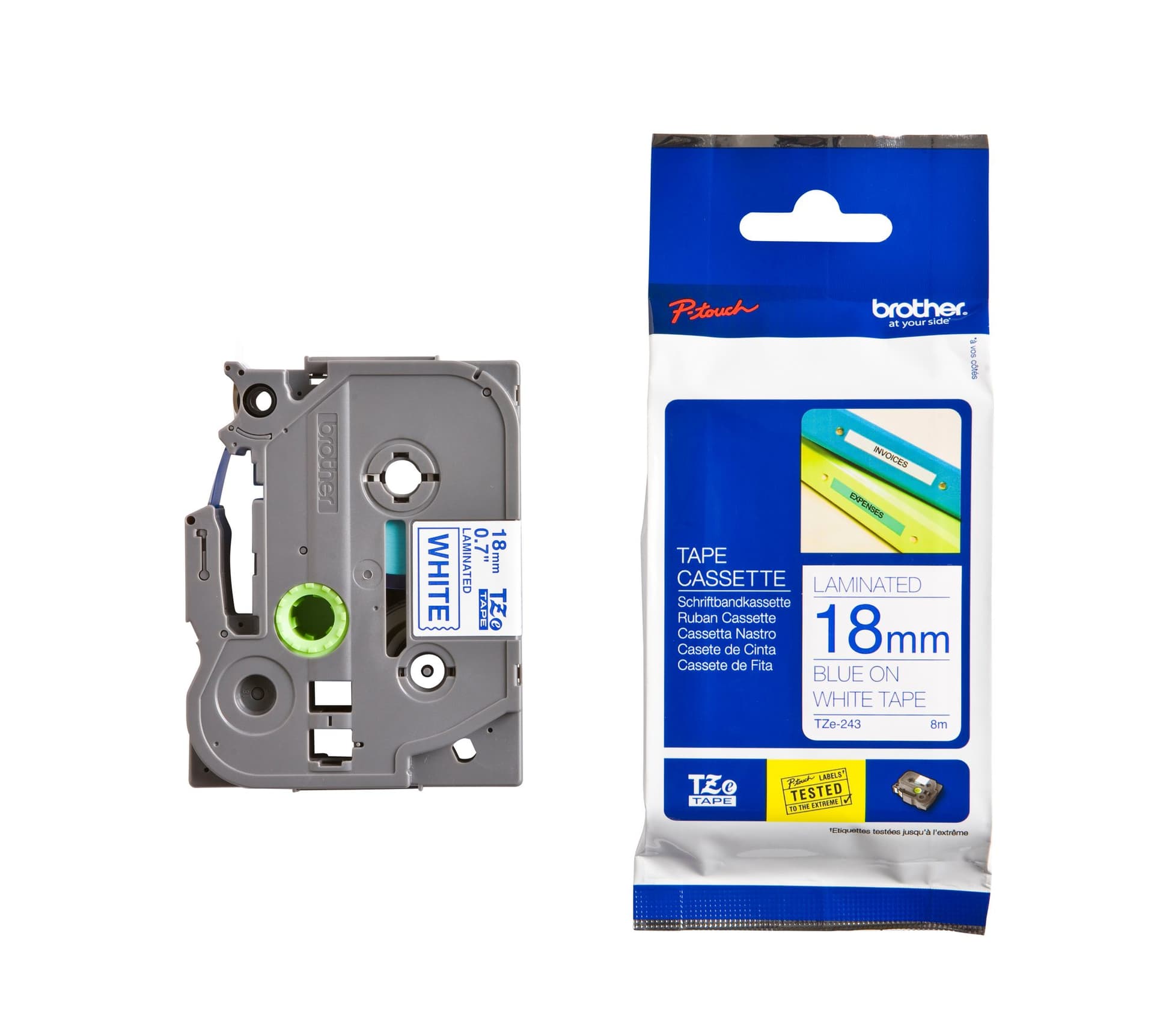 Labeltape Brother P-touch TZe-243 standaard 18mm blauw op wit 3