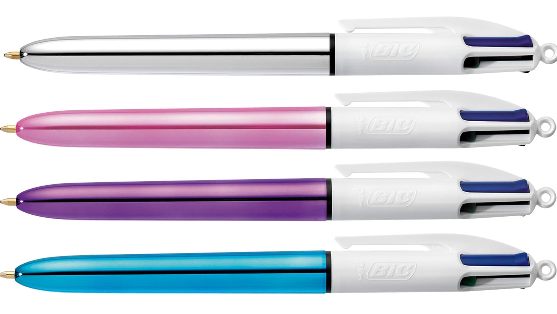 Balpen Bic 4kleuren shine medium zilver/paars/roze/blauw 2