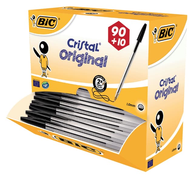 Balpen Bic Cristal medium zwart doos à 90+10 gratis 2