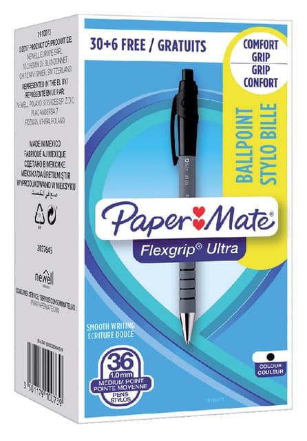 Balpen Paper Mate Flexgrip Ultra medium zwart valuepack 30+6 gratis 3