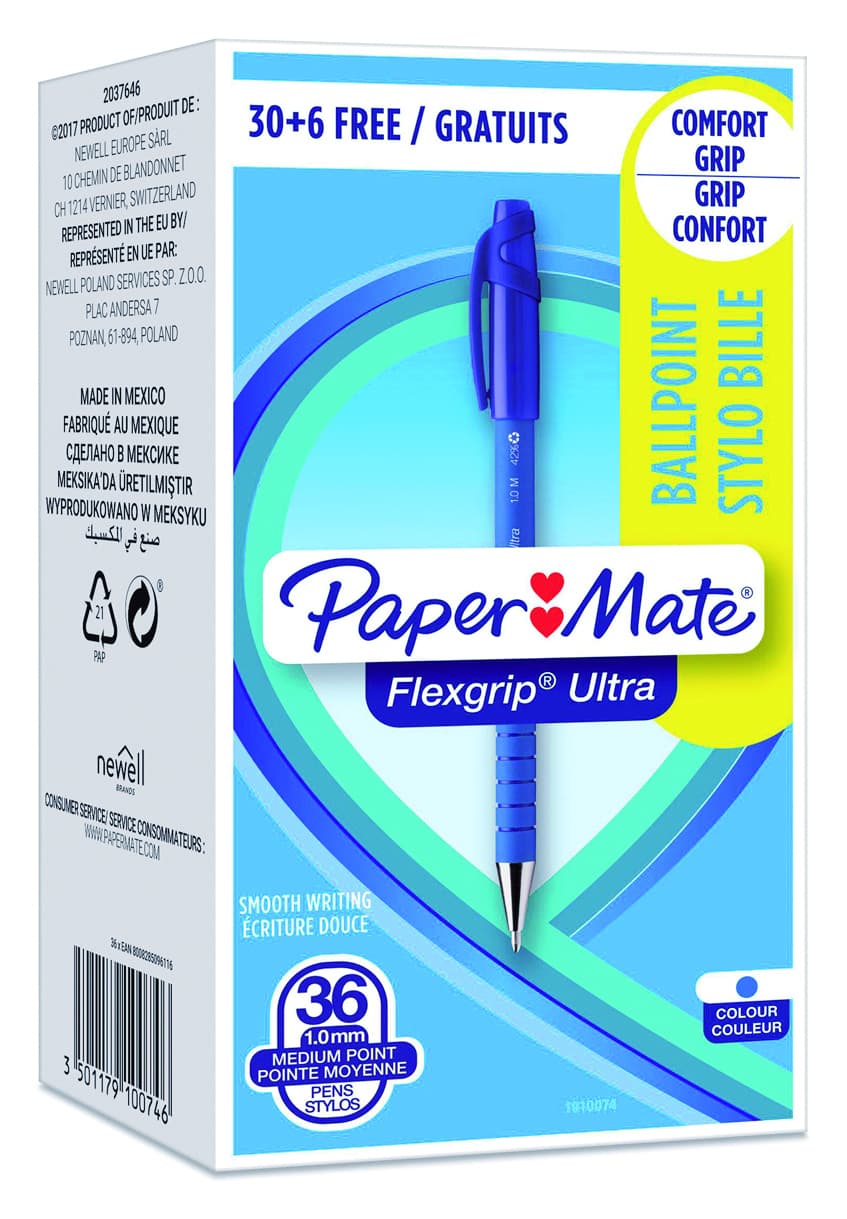 Balpen Paper Mate Flexgrip Ultra medium blauw valuepack 30+6 gratis 2