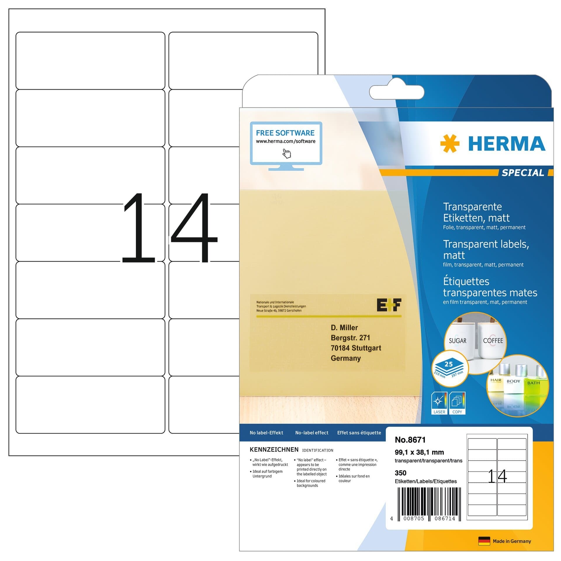 Etiket HERMA 8671 A4 99.1x38.1mm folie transparant mat 350 stuks