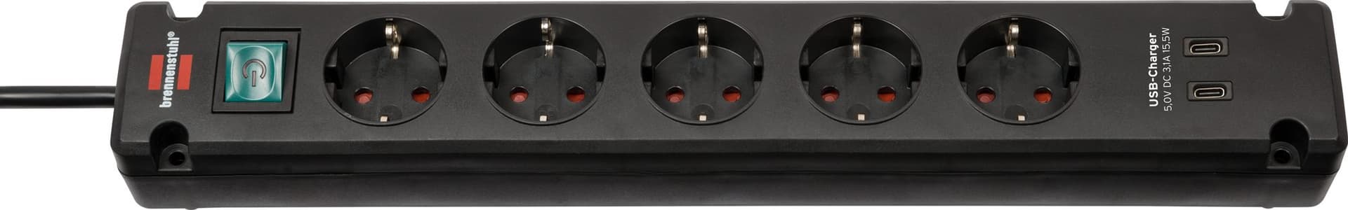 Stekkerdoos Brennenstuhl Bremounta 5vdig incl 2 USB C 3 meter zwart