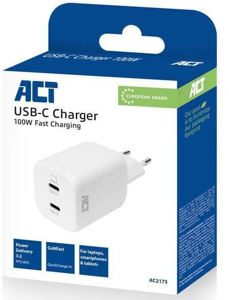 Oplader ACT USB-C 100W 2-poorts PD, PPS, AVS, QC, Ganfast