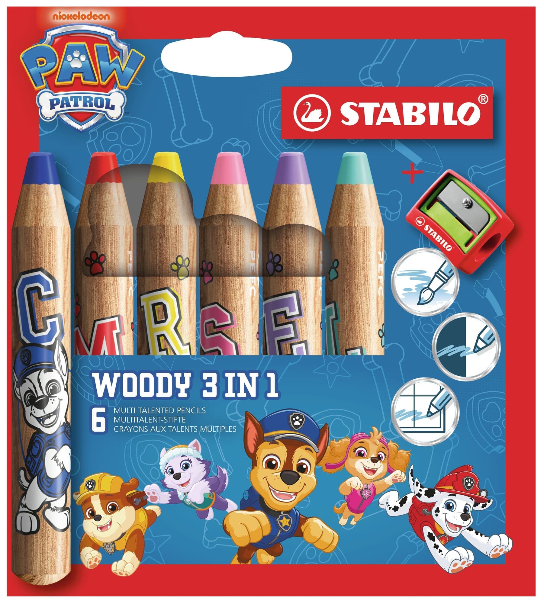 Kleurpotloden STABILO woody 3 in 1 Paw Patrol + slijper 6st