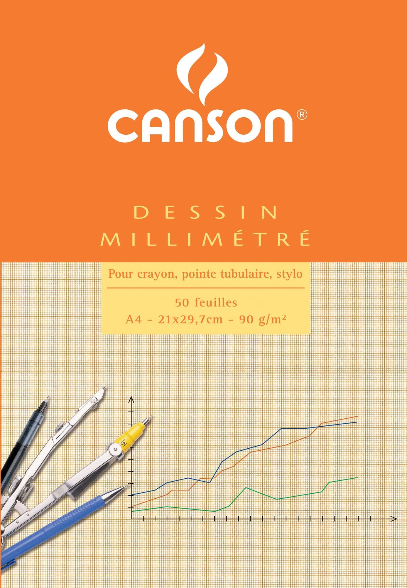 Millimeterpapier Canson bruingeel bedrukt 50vel 90gr A4 wit